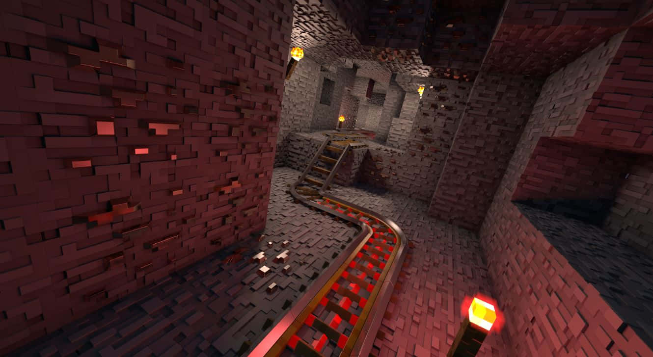 Minecraft Redstone 桌布 壁紙 — 一條發光的紅色礦車軌道蜿蜒穿過一個光線昏暗的 Minecraft 地獄堡壘，有磚牆和火炬。