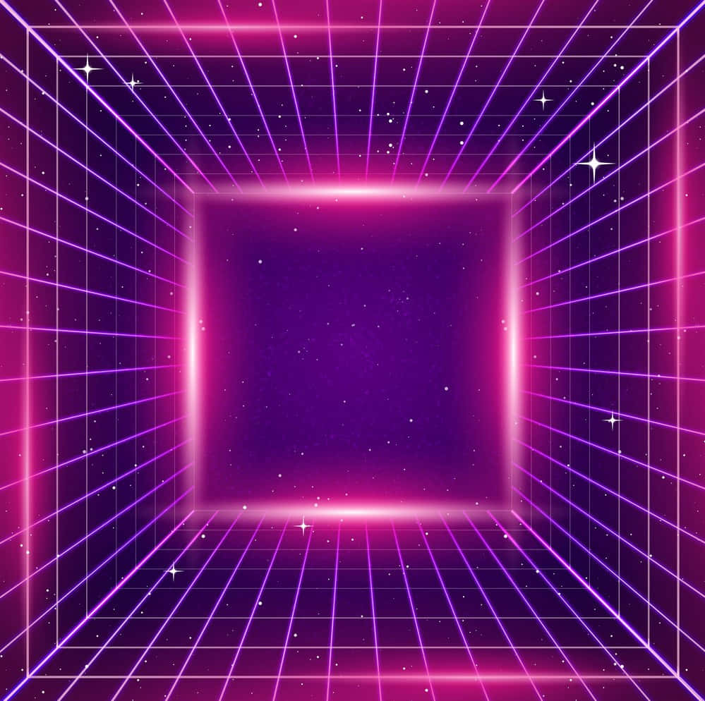 80s Retro 桌布 壁紙 — 一條發光的紫色網格走廊退入星空虛空，喚起80年代的復古未來主義。