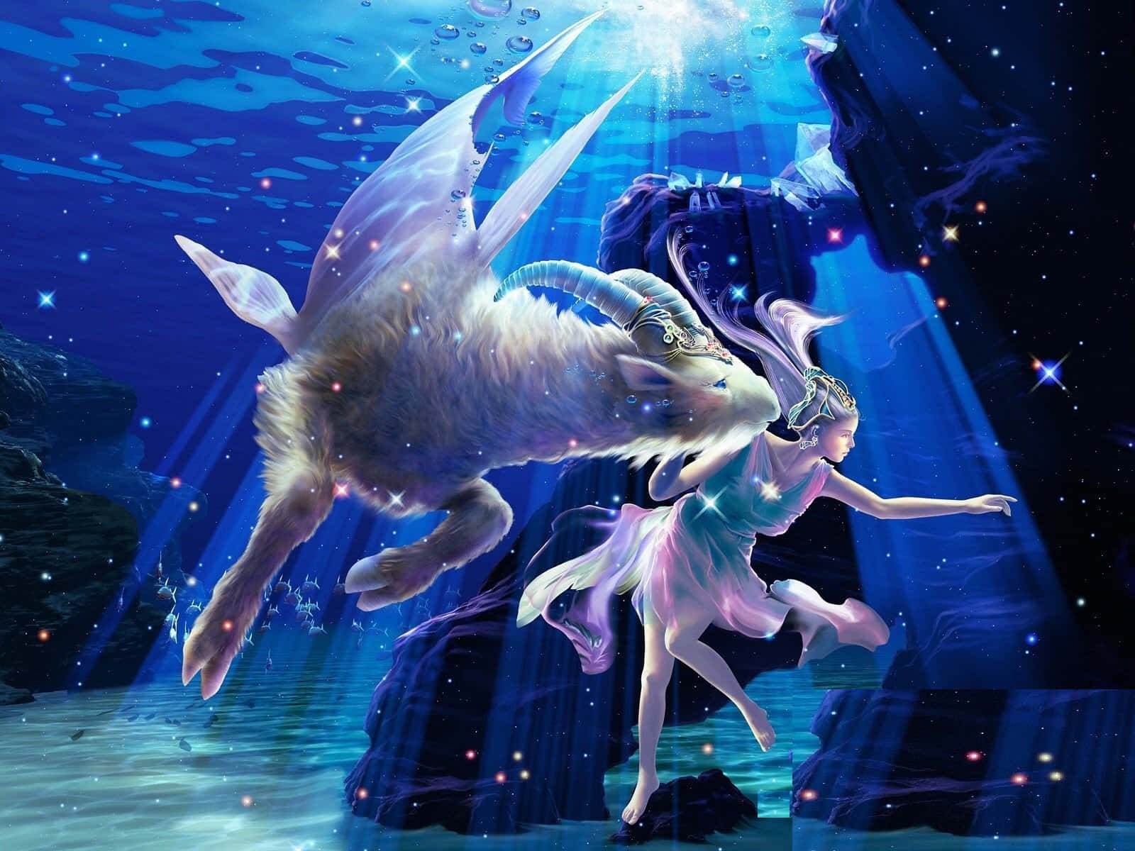 山羊座 桌布 壁紙 — 一條發光的美人魚和一隻雄偉的山羊頭生物在星光燦爛的水下洞穴中一起游泳，沐浴在藍光之中。