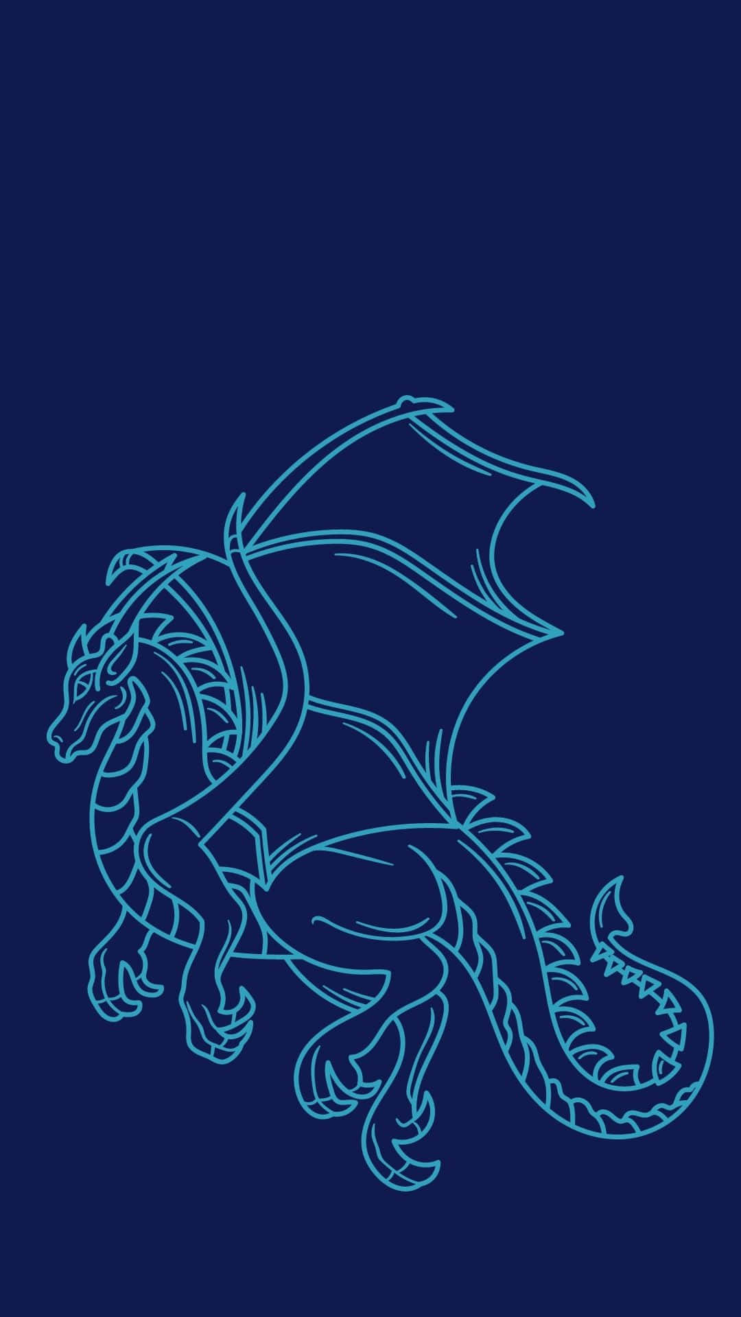 Blue Dragon 桌布 壁紙 — 一條發光的青色線條藝術龍，展開翅膀，帶有尖刺的尾巴，在深海軍藍背景上滑翔。