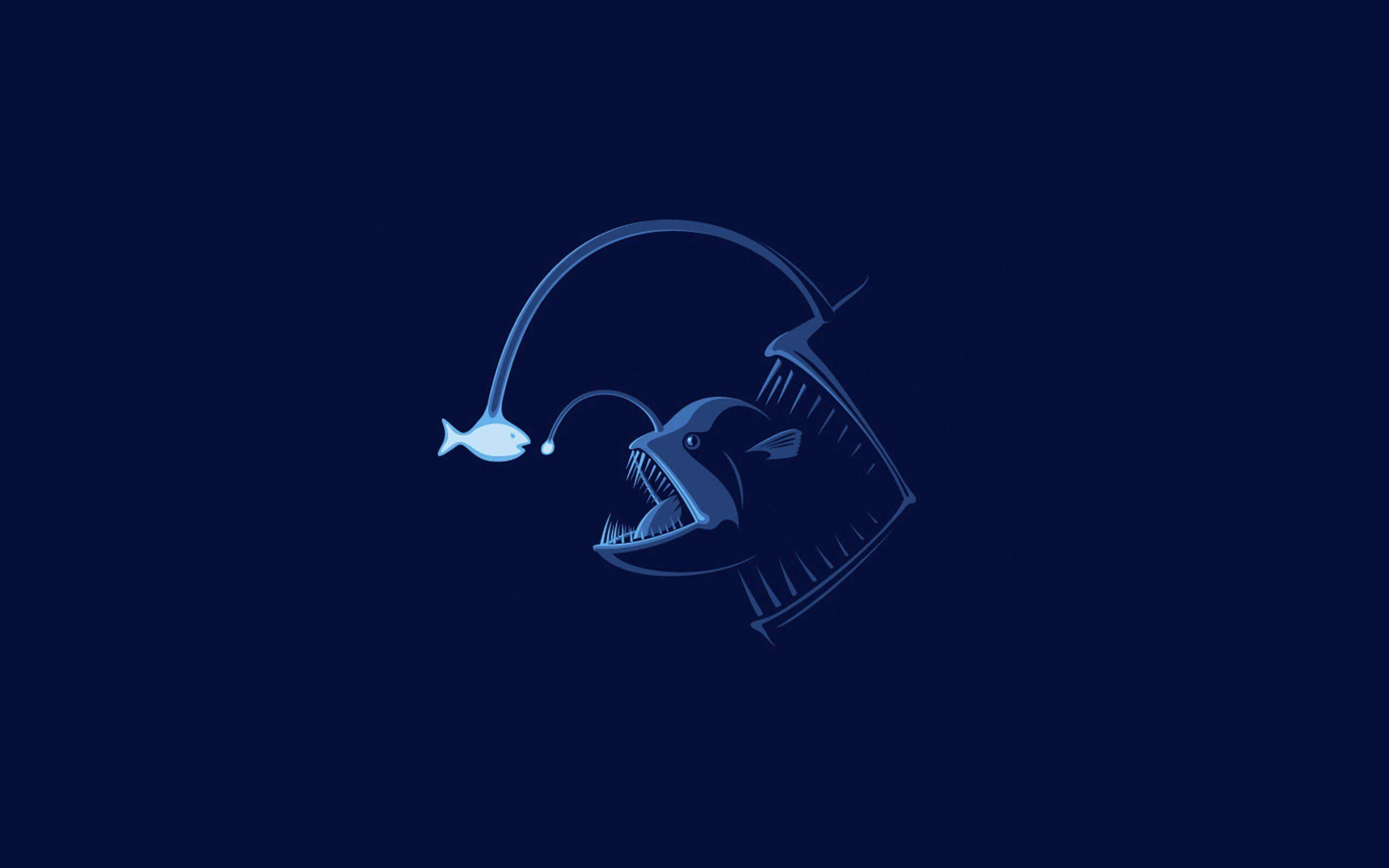 Minimalist Ocean 桌布 壁紙 — 一條發光的鮟鱇魚，頭部伸出生物發光的誘餌，襯托著深藍色的海洋背景。