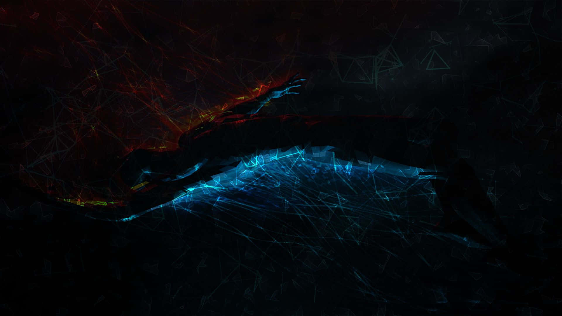Dark Abstract Art 桌布 壁紙 — 一條發光藍色和紅色的抽象數位鯨魚剪影在黑暗的幾何網絡中游動。