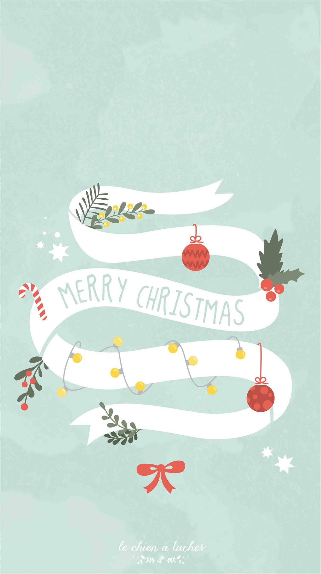 Merry Christmas 絲帶，帶有冬青漿果、拐杖糖和紅色飾物，背景為薄荷綠色