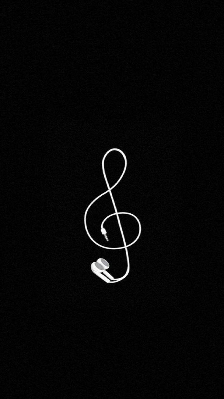 音樂 桌布 壁紙 — 一條簡約風格的白色耳機線，巧妙地彎曲成音樂高音譜號的形狀，襯托在純黑背景上。