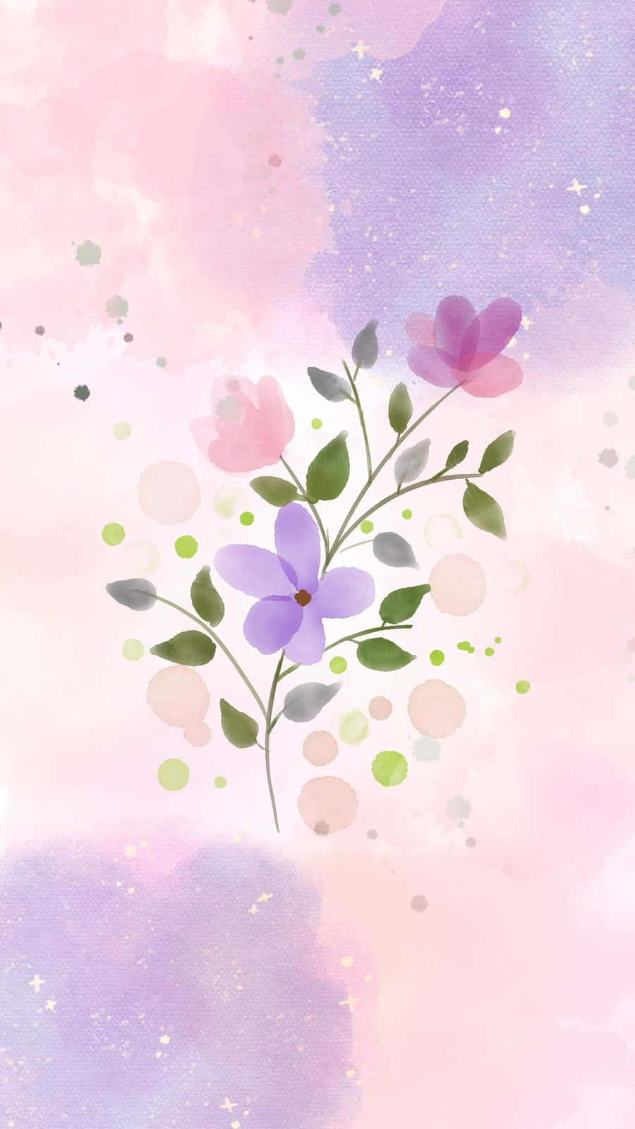 Purple Phone 桌布 壁紙 — 一條精緻的水彩樹枝，綻放著紫色和粉紅色的花朵，映襯著柔和的粉彩天空，漂浮著氣泡和星塵。
