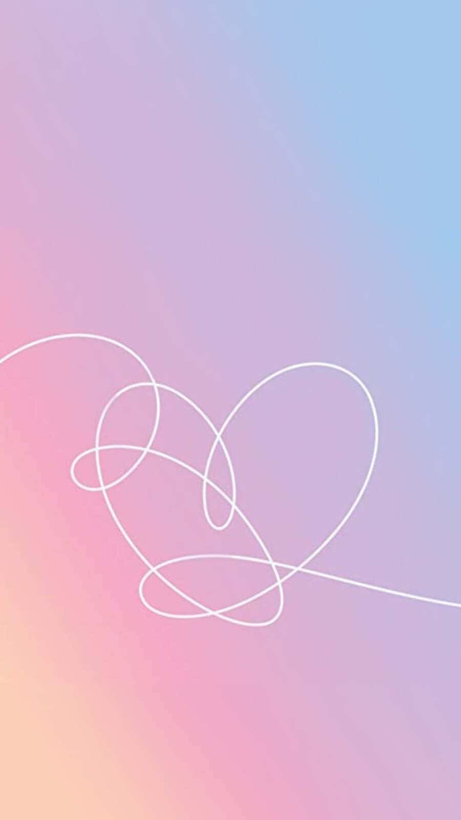 Bts Love Yourself 桌布 壁紙 — 一條精緻的白色線條在粉紅、紫色和藍色的柔和漸變背景上形成心形。