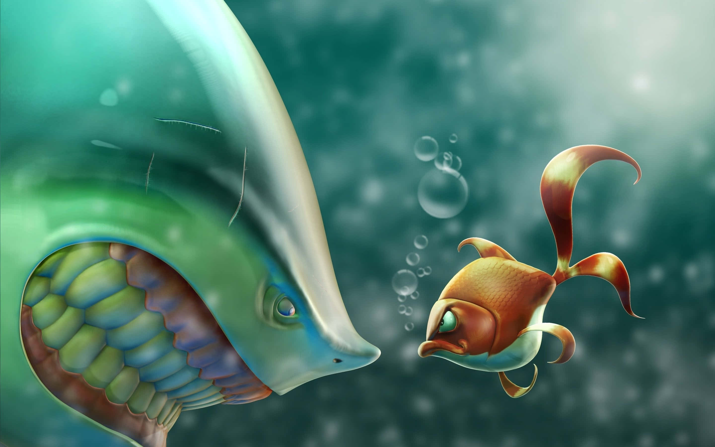 Cute Animations 桌布 壁紙 — 一條細小橙色魚喺有浮泡嘅迷霧藍綠色海洋中面對一條巨大半透明鯨魚。