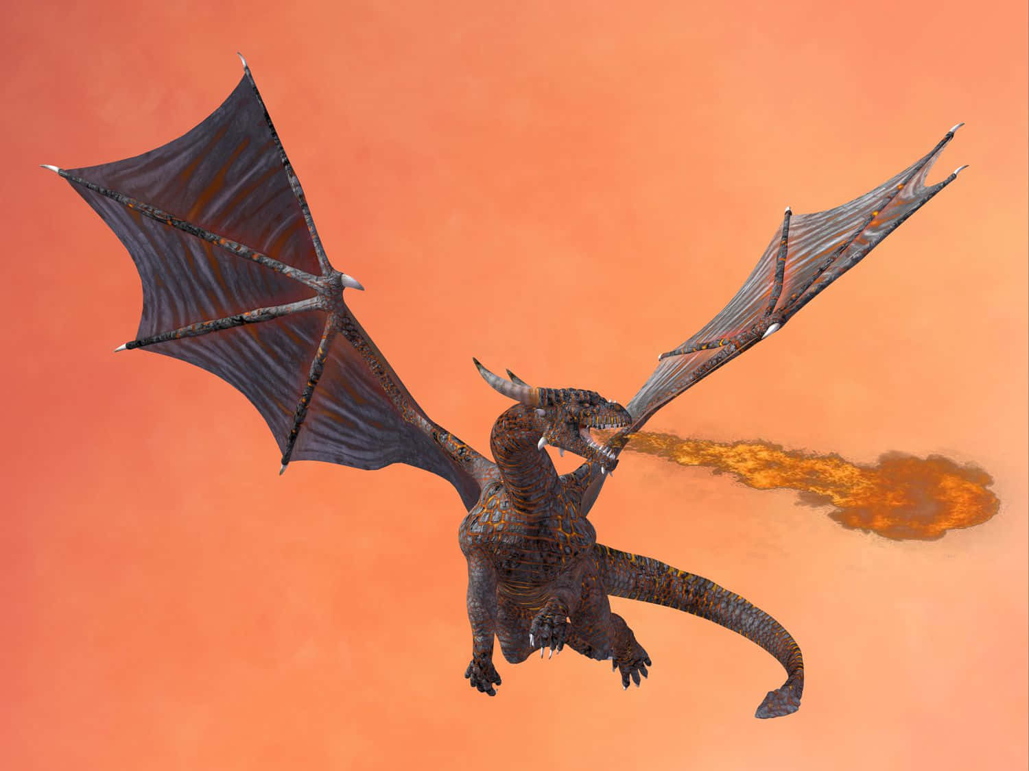 Dragons 桌布 壁紙 — 一條細節豐富的巨龍在橙色天空中翱翔，翅膀張開，噴出一股熔岩般的烈焰。