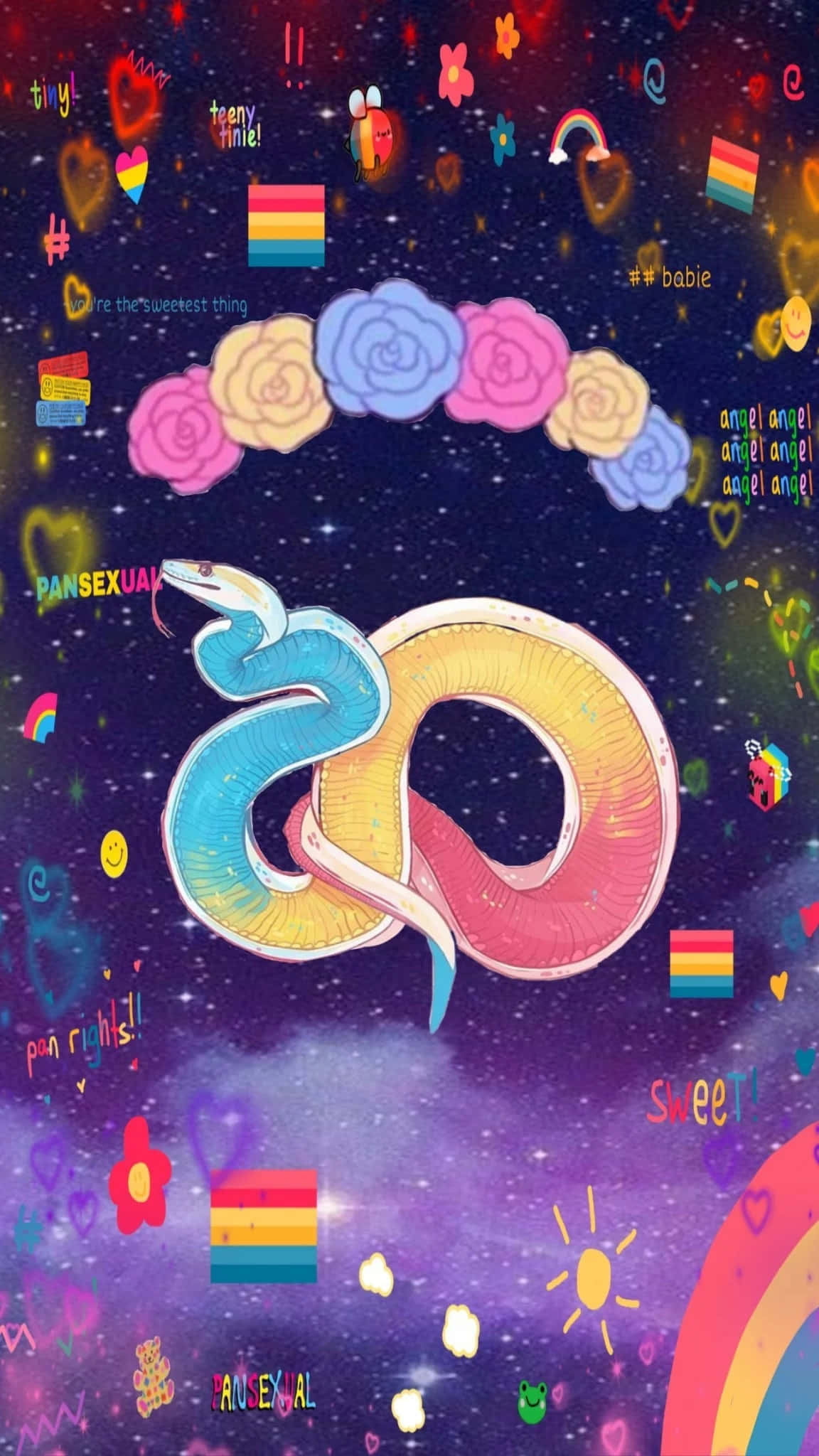 Pansexual 桌布 壁紙 — 一條色彩繽紛的卡通蛇在充滿彩虹旗、心形和閃爍星星的星系中盤繞。