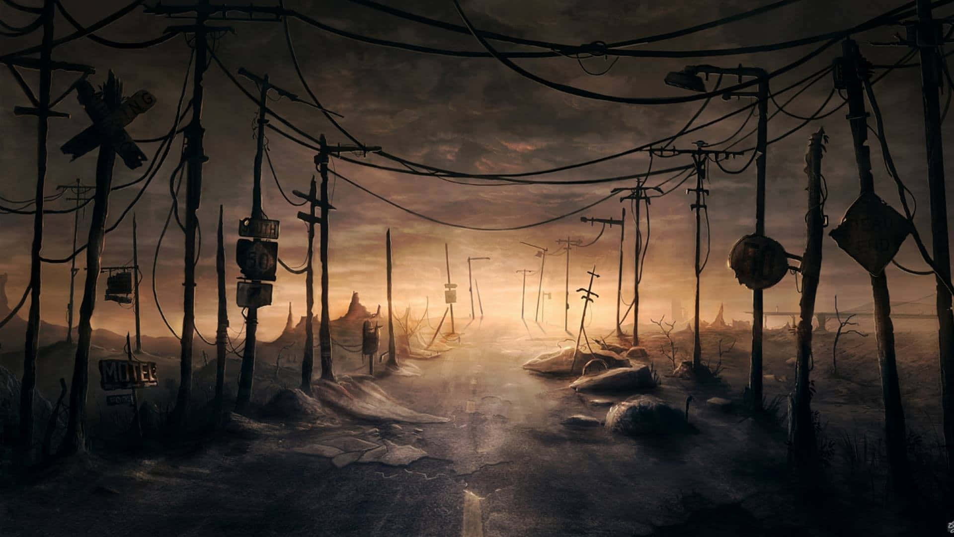 Dark Dystopian 桌布 壁紙 — 一條荒涼的末日後道路，兩旁是破損的電線桿和纏繞的電線，在陰沉的暮色天空下。