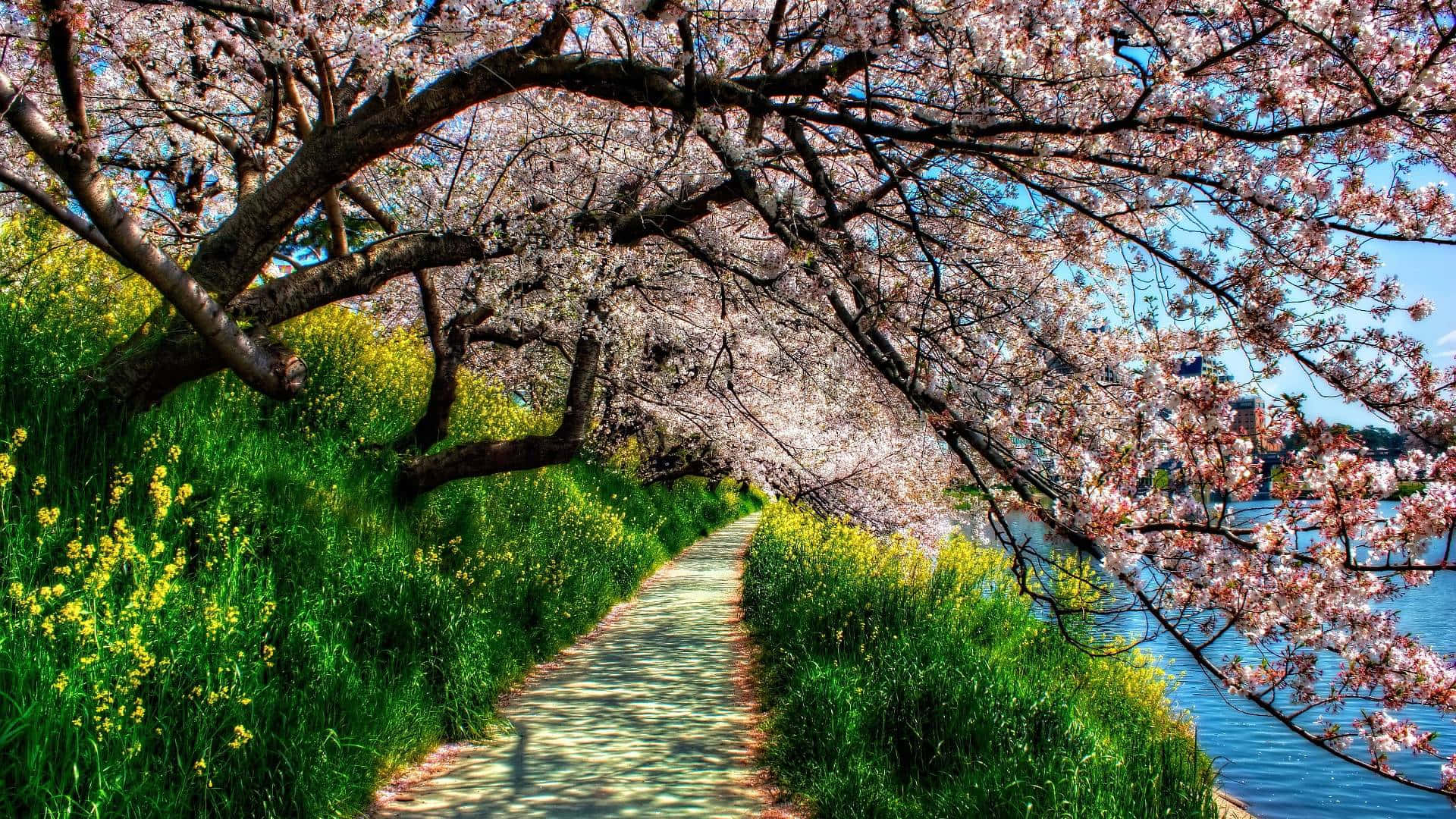 Blooming Trees 桌布 壁紙 — 一條蜿蜒的小路，上方是粉紅色的櫻花樹冠，旁邊是一條河流，河邊有黃色花朵和綠草。