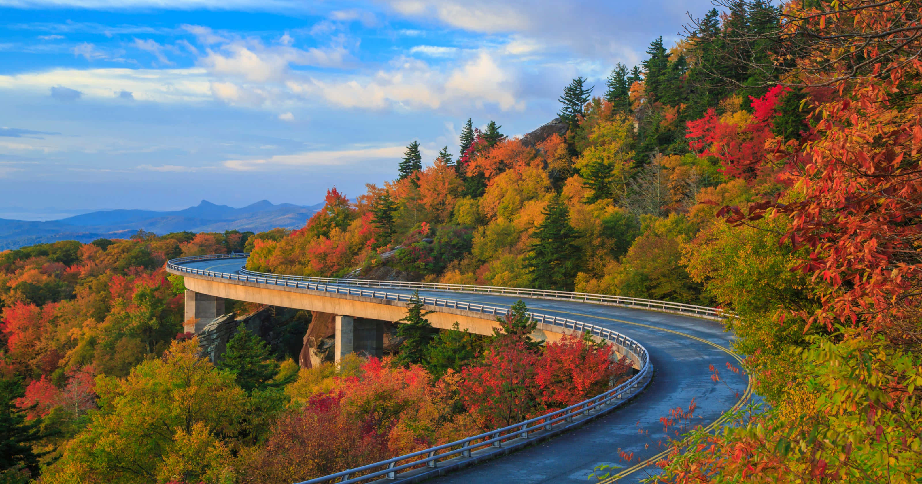 Blue Ridge Parkway 桌布 壁紙 — 一條蜿蜒的山路在明亮的藍天白雲下，優雅地穿過充滿活力的秋日森林。