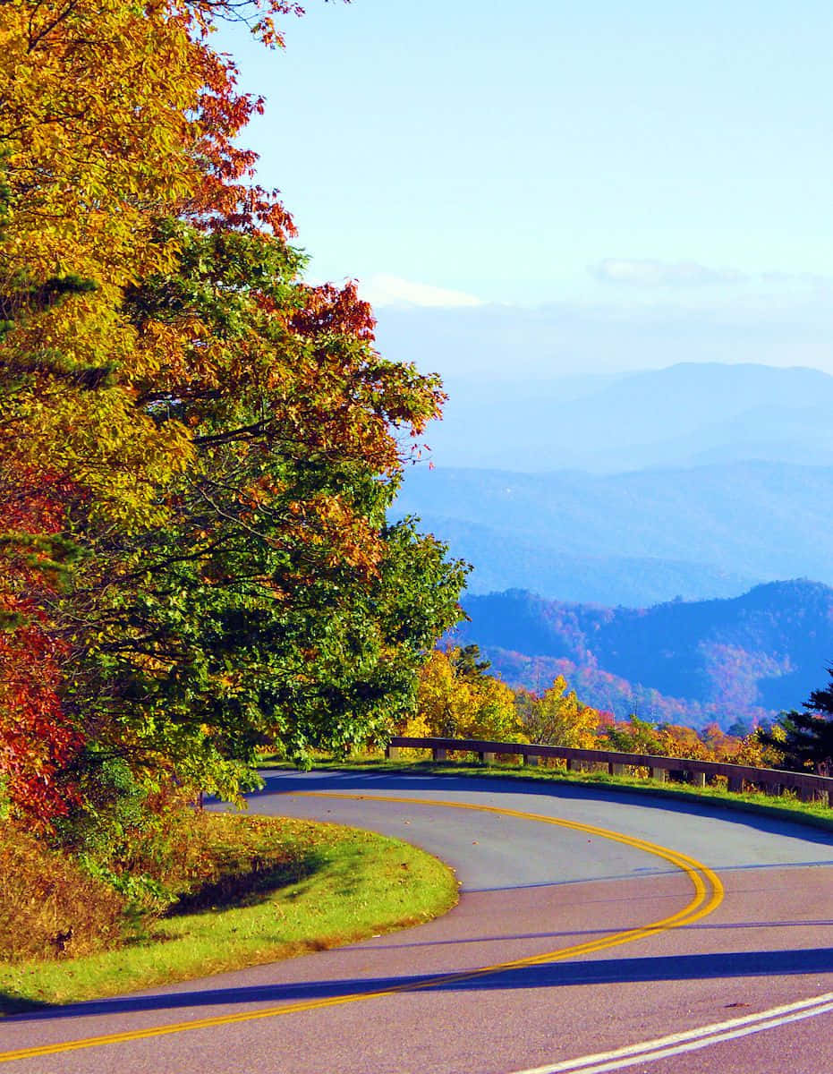 Blue Ridge Parkway 桌布 壁紙 — 一條蜿蜒的山路在晴朗的藍天下穿過充滿活力的秋葉，遠處有霧氣繚繞的山峰。