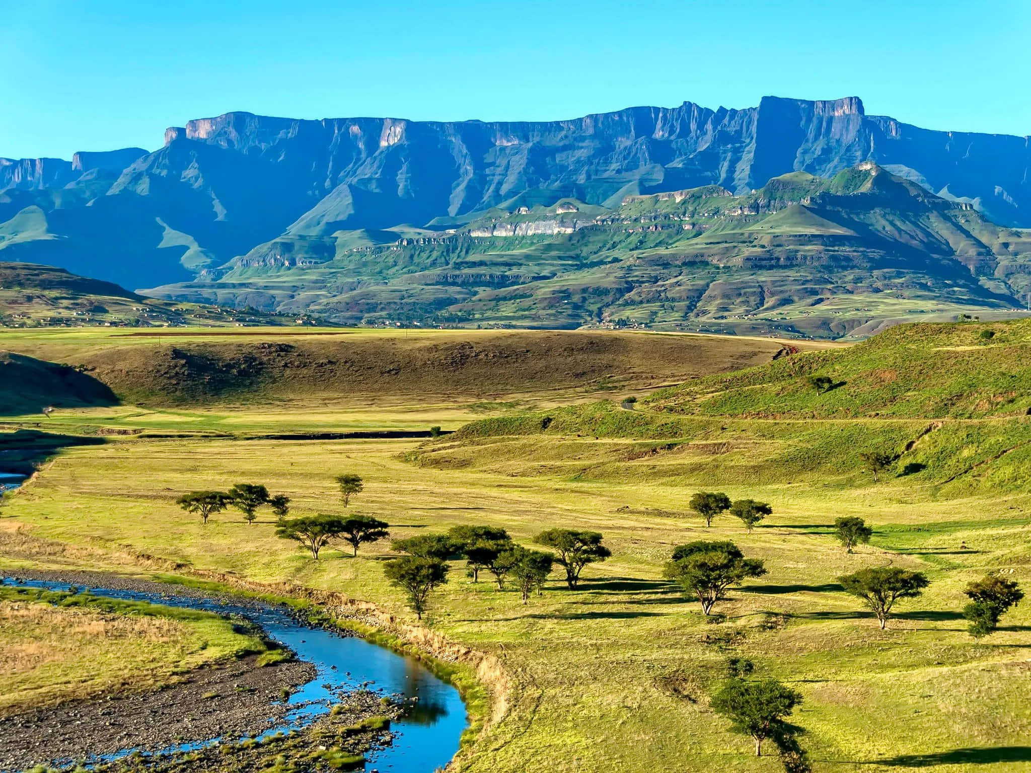 South Africa 桌布 壁紙 — 一條蜿蜒的河流穿過充滿活力的綠色草原，在清澈的藍天下，背景是遠處崎嶇的山脈。
