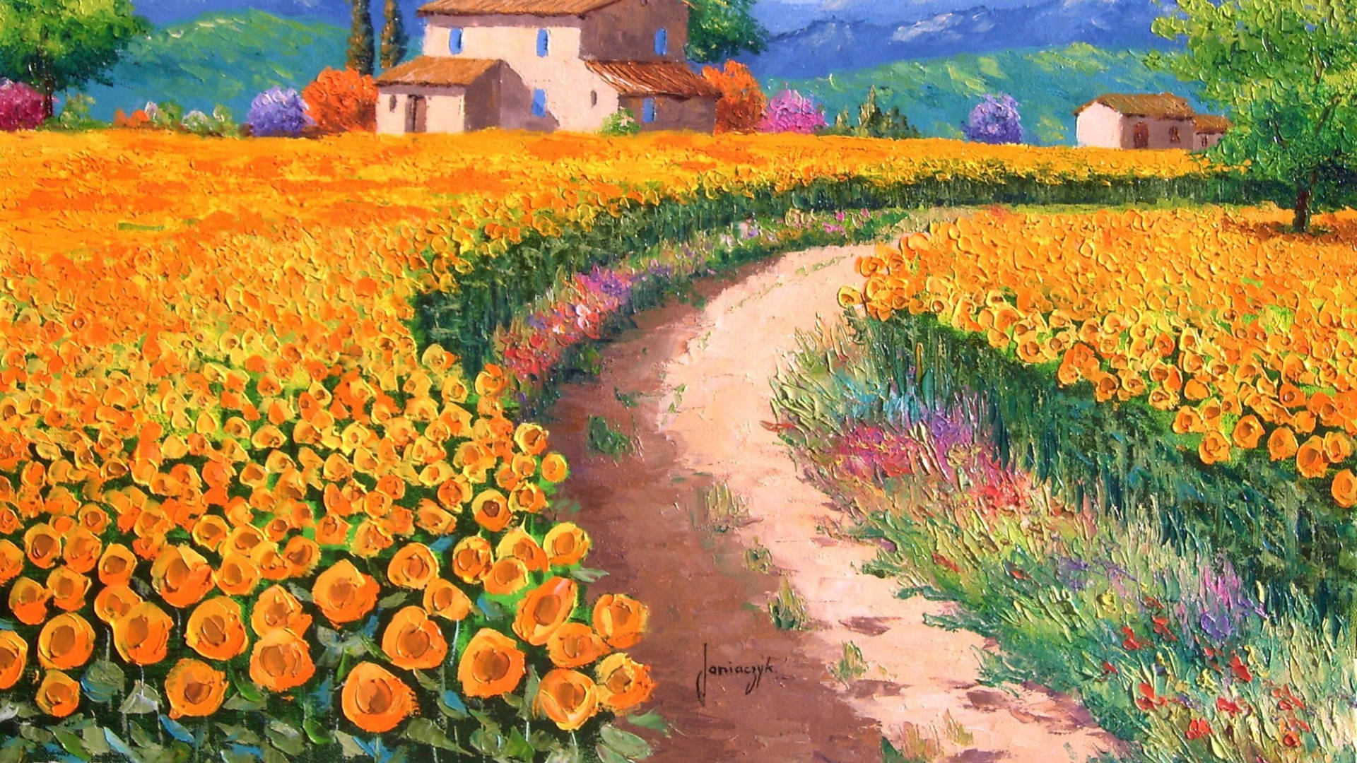 Painting 桌布 壁紙 — 一條蜿蜒的泥土小徑穿過充滿活力的橙色玫瑰田，通往坐落在起伏的綠色山丘中的質樸石屋。