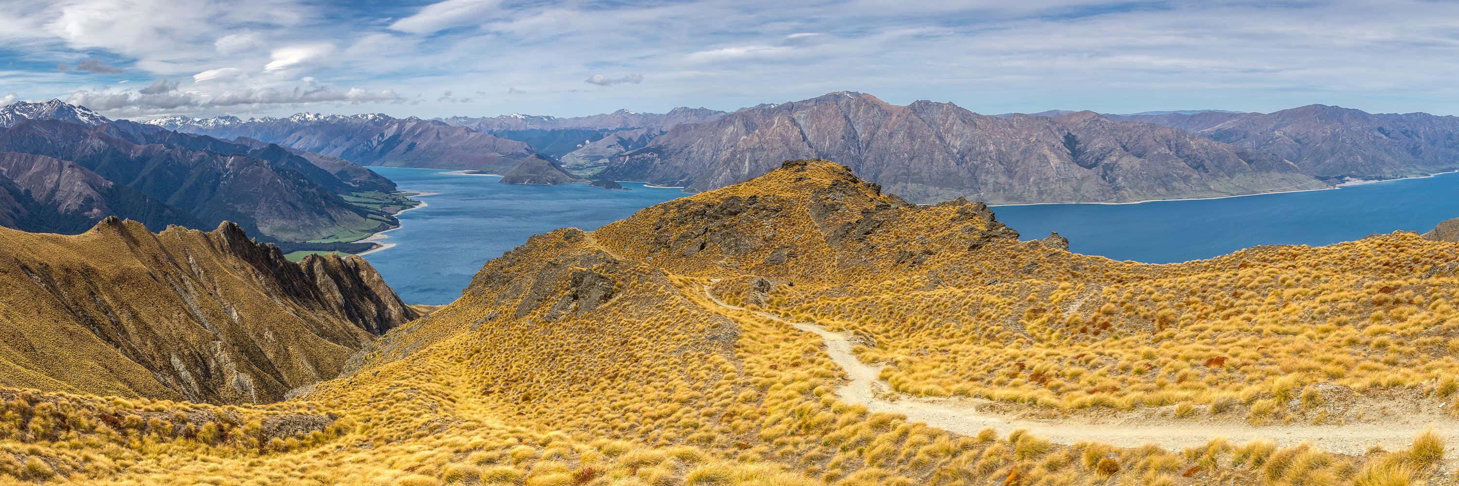 New Zealand 桌布 壁紙 — 一條蜿蜒的泥土小徑穿過山脊頂部的金色叢生草，俯瞰廣闊的藍色湖泊和遠處白雪覆蓋的山峰，天空部分多雲。