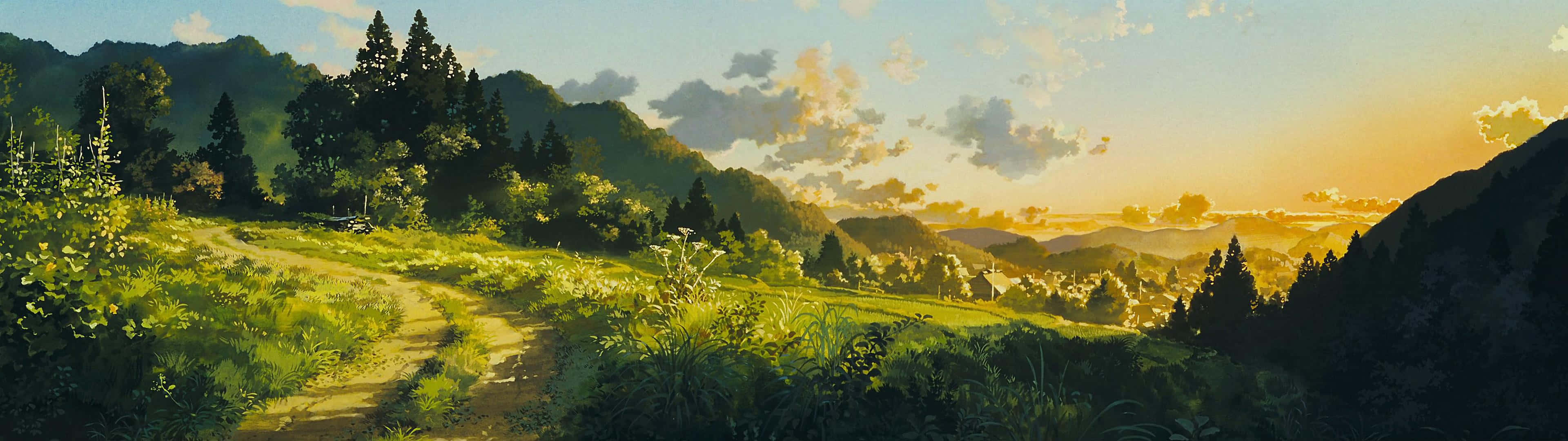 Only Yesterday 桌布 壁紙 — 一條蜿蜒的泥土小徑穿過陽光照耀的綠色山丘，在金色夕陽天空下通往遠山。