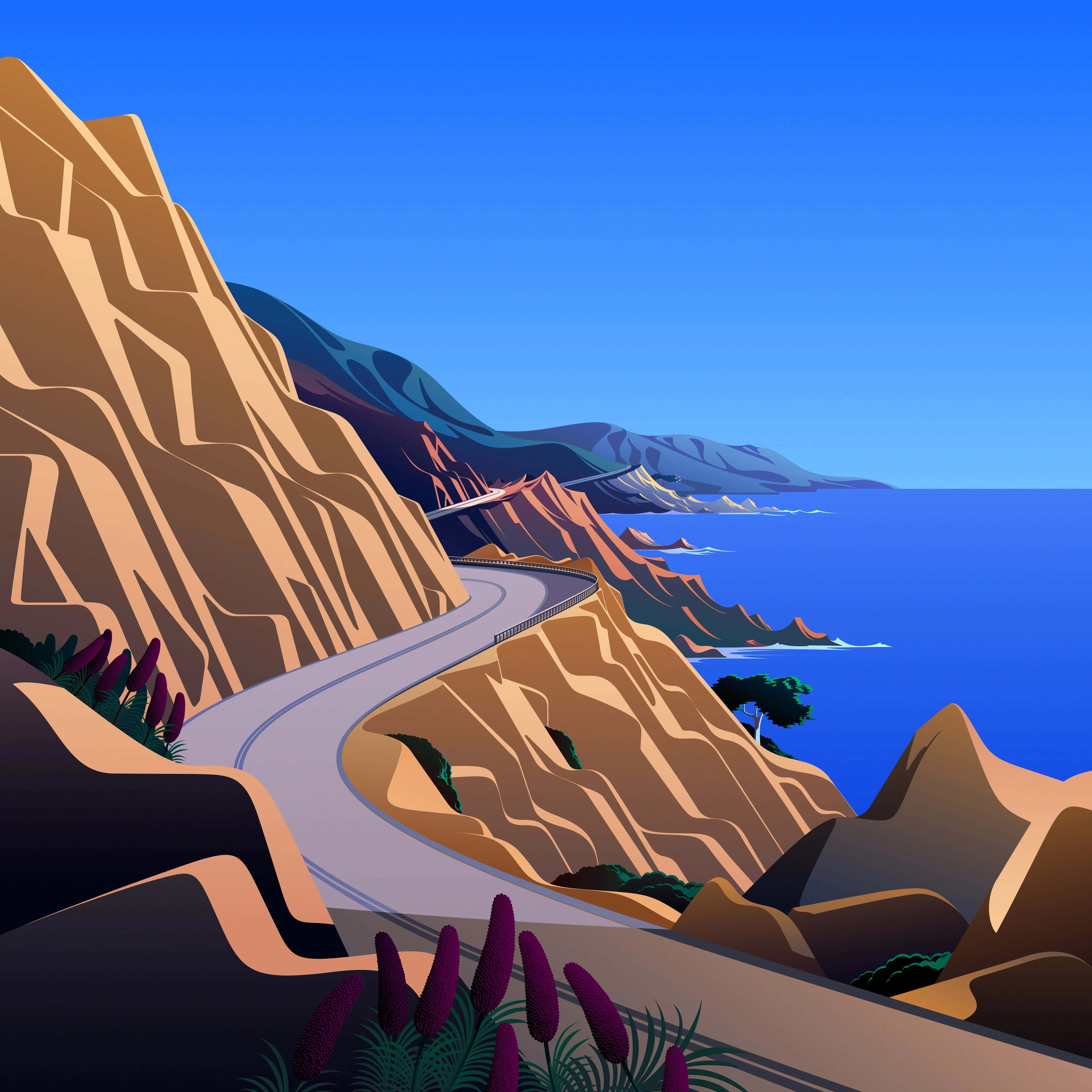 Big Sur 桌布 壁紙 — 一條蜿蜒的海岸公路環抱著崎嶇的懸崖，在清澈的藍天下，前景有鮮豔的紫色花朵。