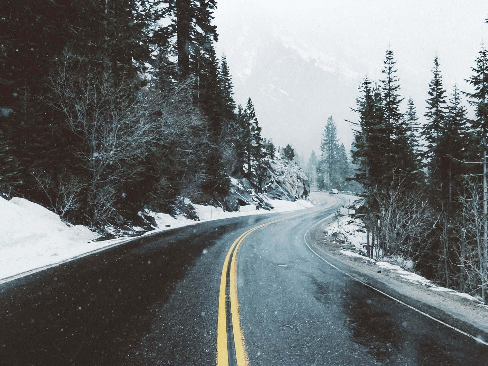 Snowy Road 桌布 壁紙 — 一條蜿蜒的積雪道路穿過茂密的常綠森林，灰濛濛的冬日天空下雪花飄落。