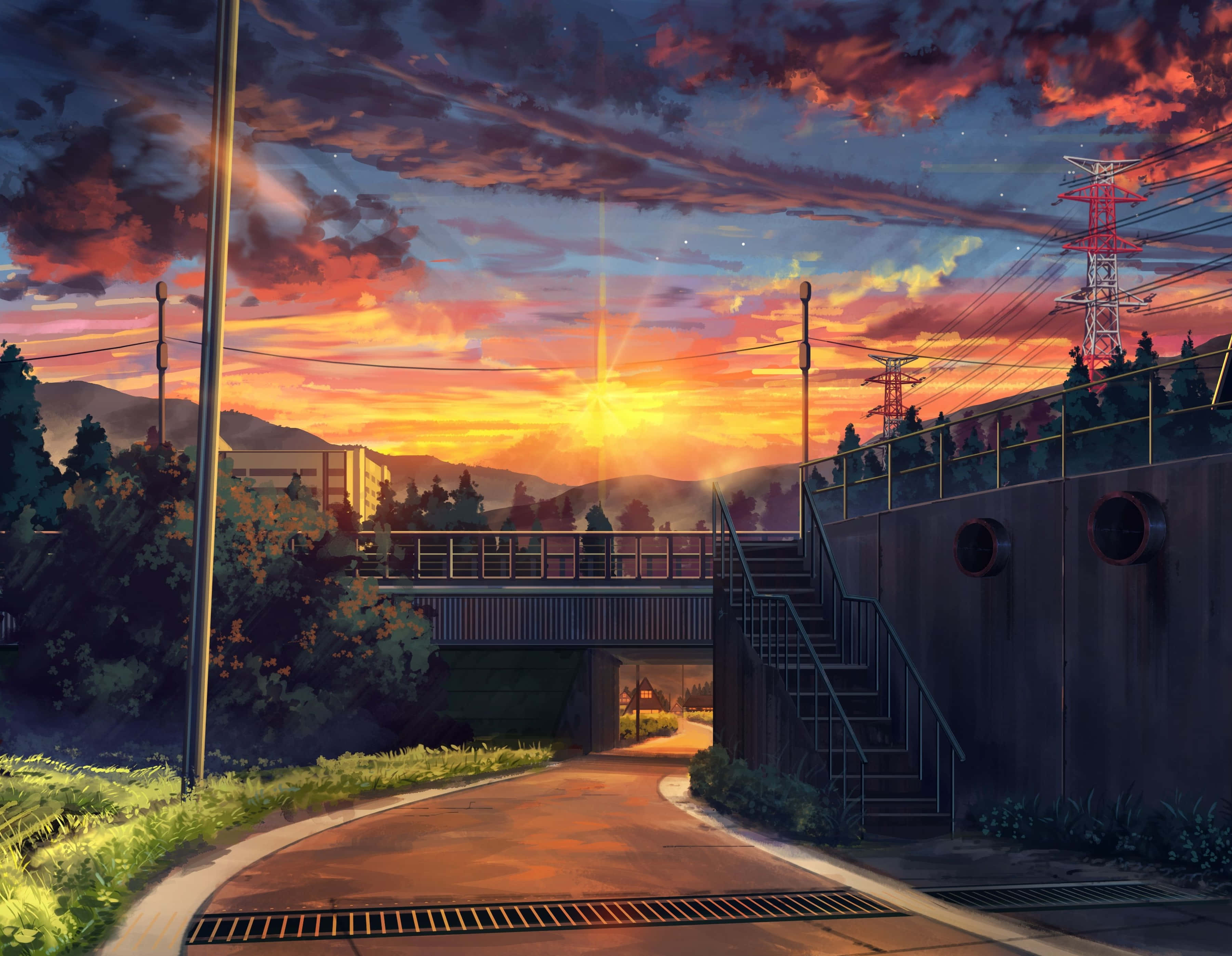 Anime Sunset 桌布 壁紙 — 一條蜿蜒的道路，在戲劇性的日落天空下，有火燒雲和遠山，由電線和行人天橋框住。