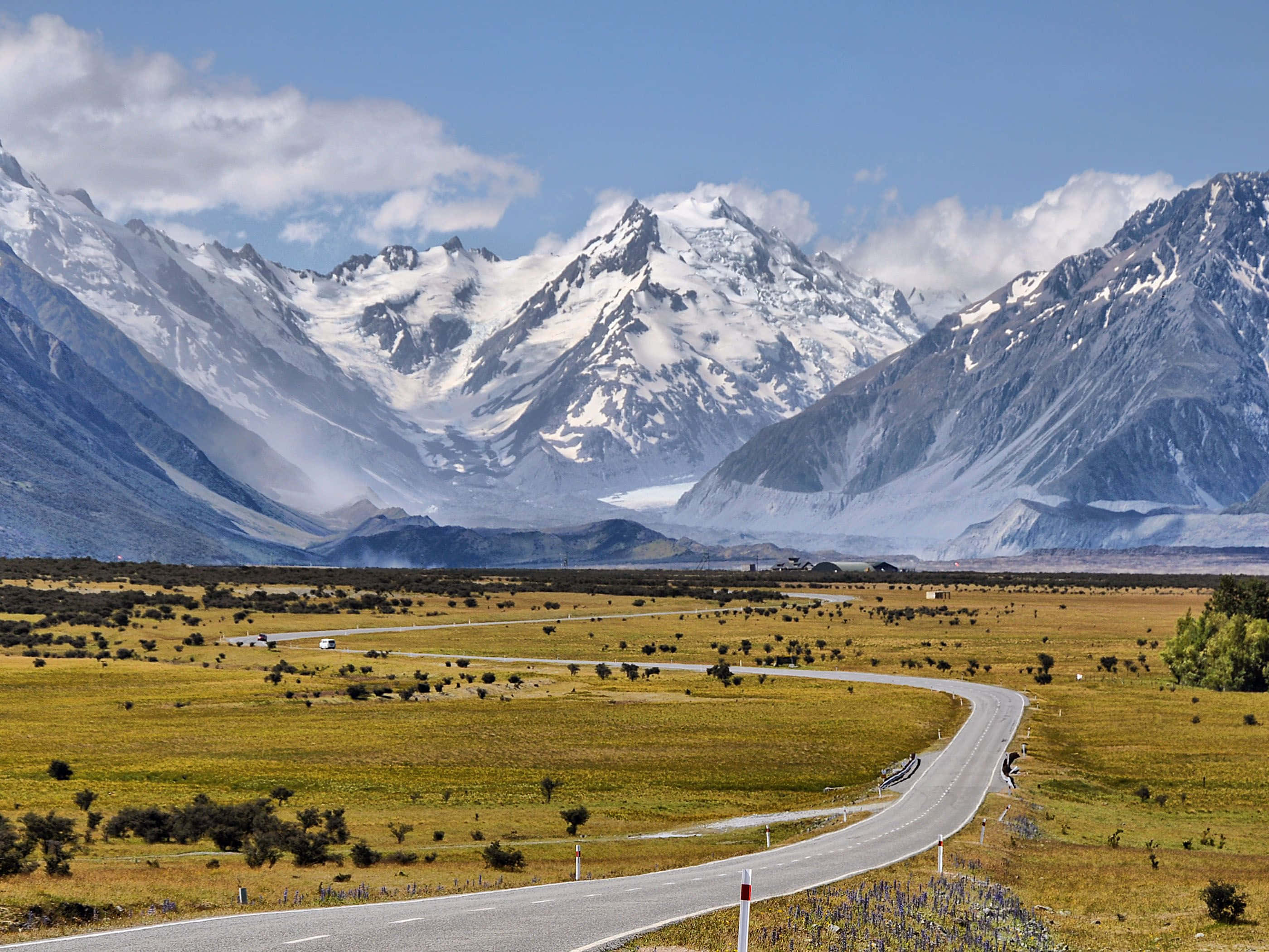 New Zealand 桌布 壁紙 — 一條蜿蜒的道路穿過金色的草原，通往高聳的雪山，天空湛藍，白雲點點。