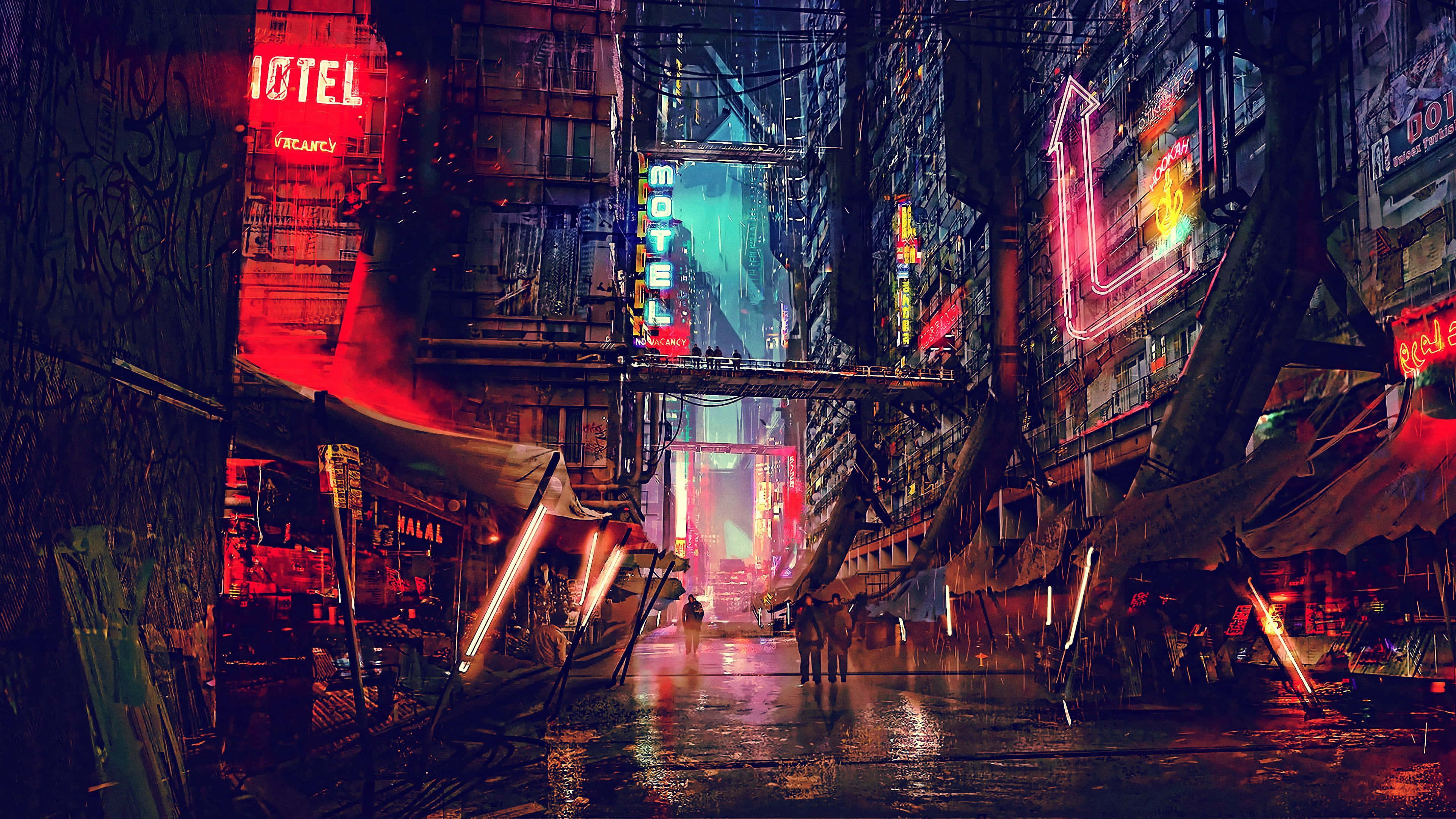 Dark Cyberpunk 桌布 壁紙 — 一條被雨水打濕、霓虹燈照亮的後巷，在一個賽博龐克城市中，有高聳的建築物和發光的招牌在濕漉漉的路面上反射。