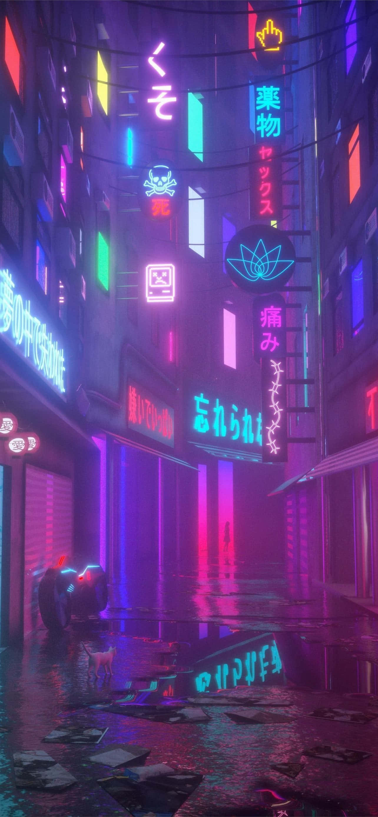 Ambience 桌布 壁紙 — 一條被雨水打濕、霓虹燈閃爍的賽博朋克小巷，發光的日文招牌倒映在濕漉漉的人行道上。