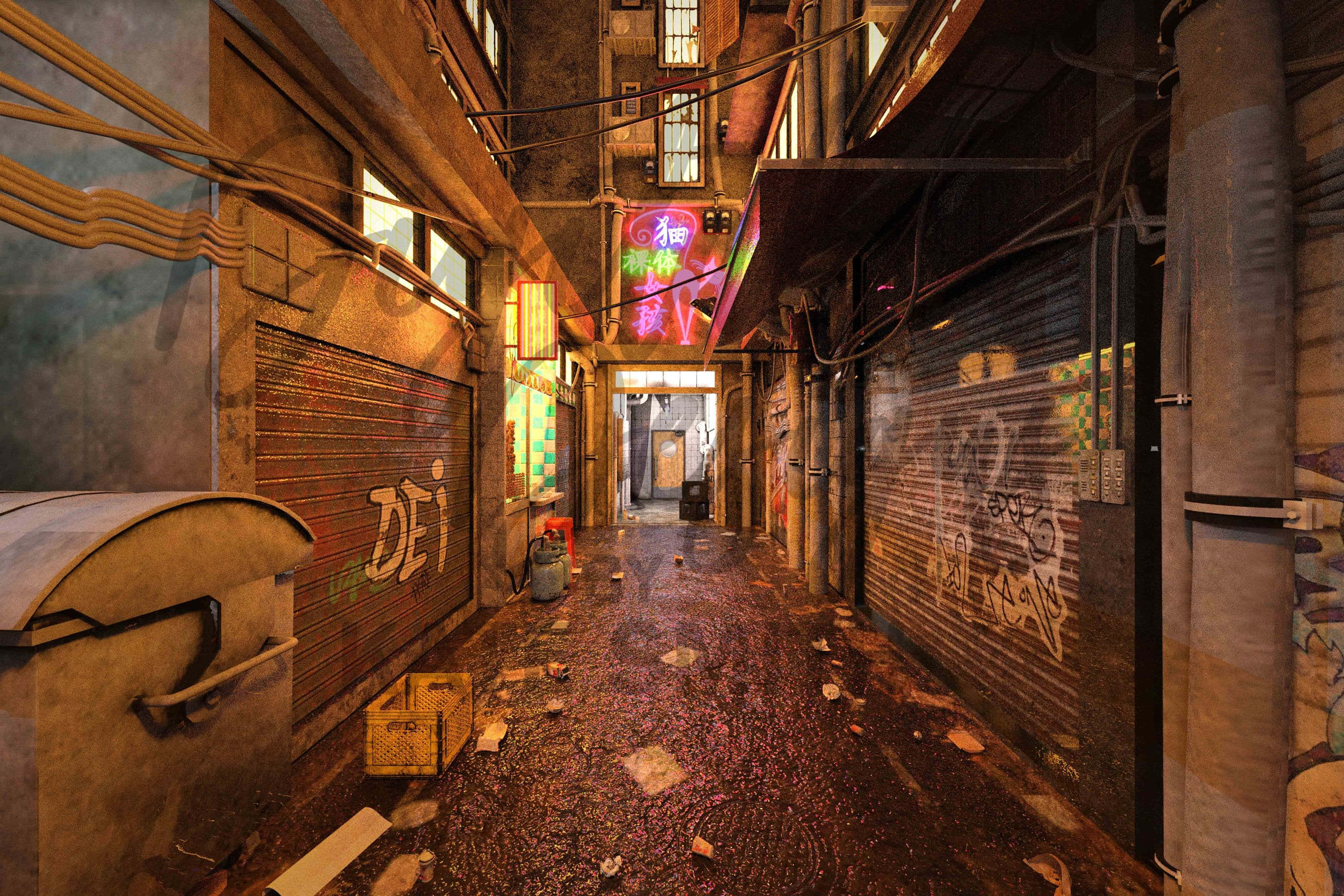 Alleyway 桌布 壁紙 — 一條被雨水打濕的都市後巷，夜晚被霓虹燈牌和閃爍的燈籠照亮，在塗鴉覆蓋的百葉窗上投射出溫暖的光芒。
