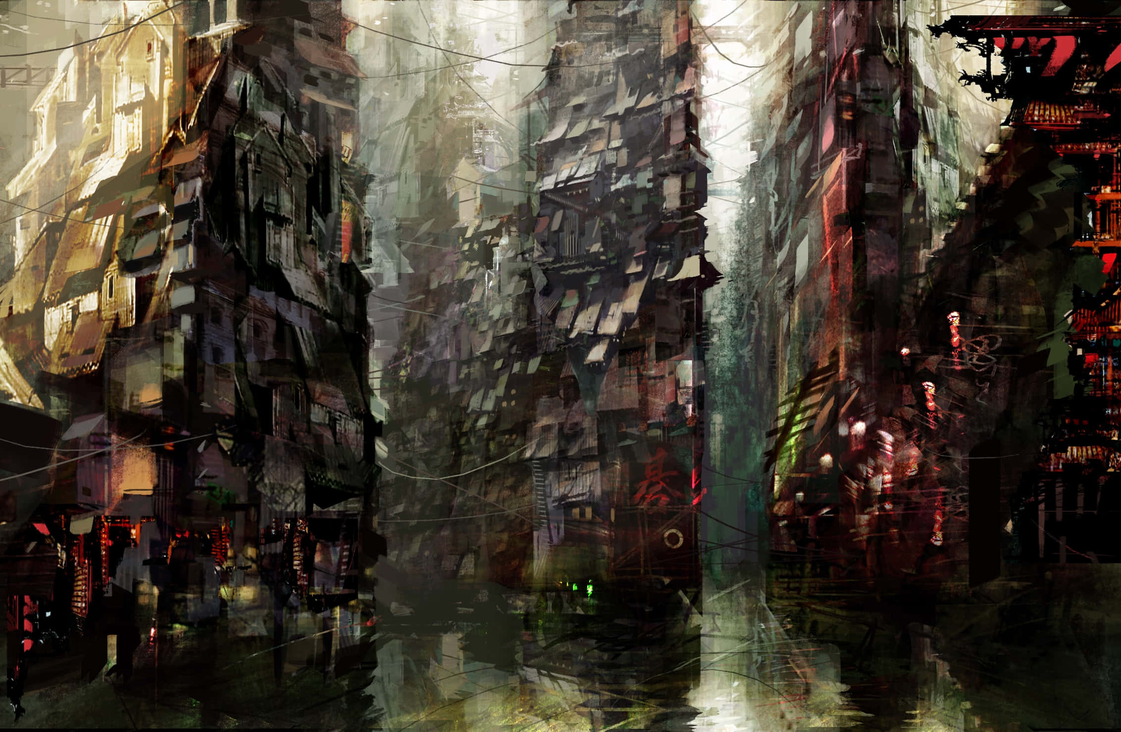 Aesthetic Anime City 桌布 壁紙 — 一條被雨水浸濕的賽博朋克小巷，高聳破舊的建築物和霓虹燈光在水坑中反射。