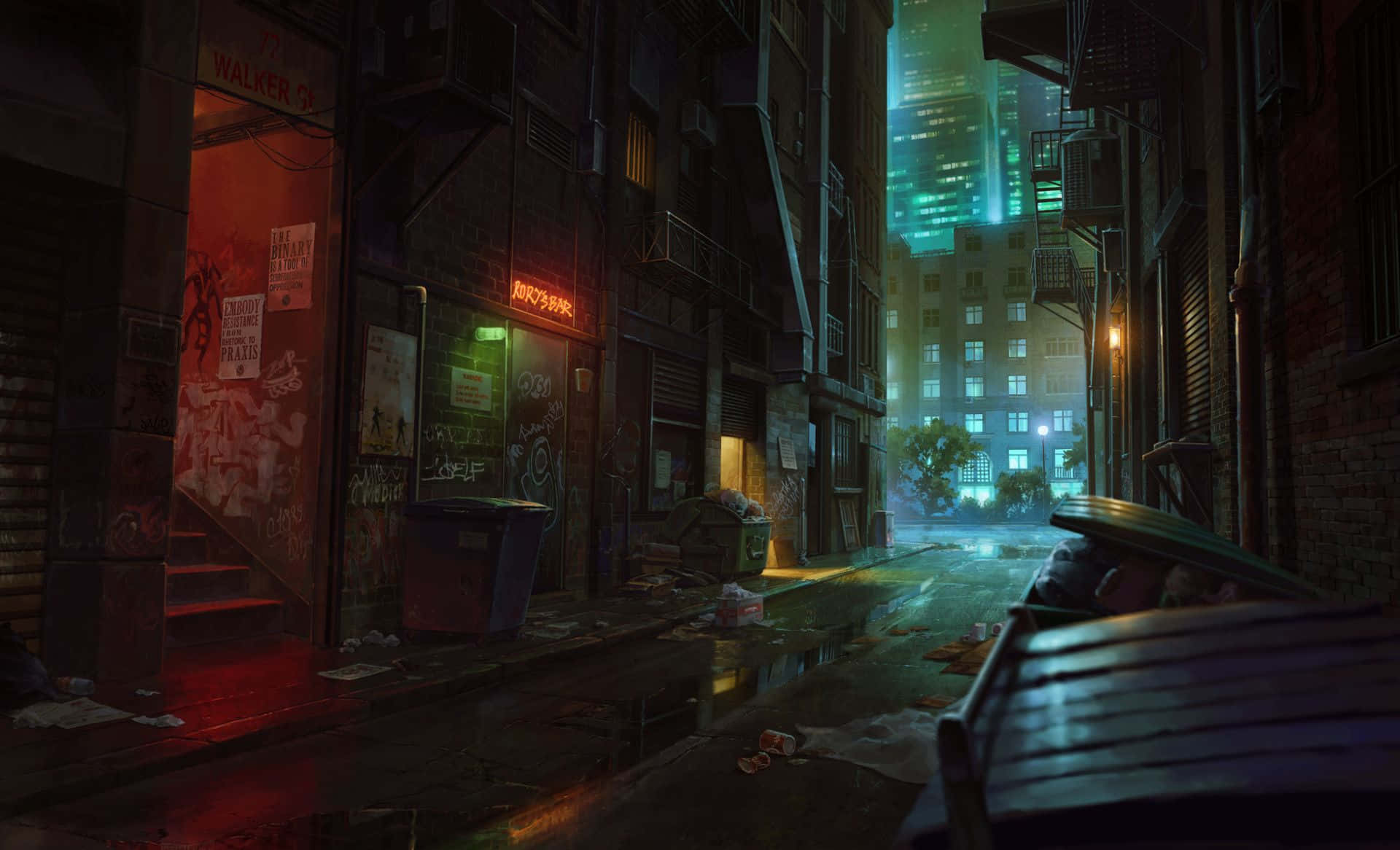 Alleyway 桌布 壁紙 — 一條被雨水浸濕的都市小巷在夜晚閃爍著霓虹燈牌和遠處摩天大樓的燈光，倒映在濕漉漉的路面上。