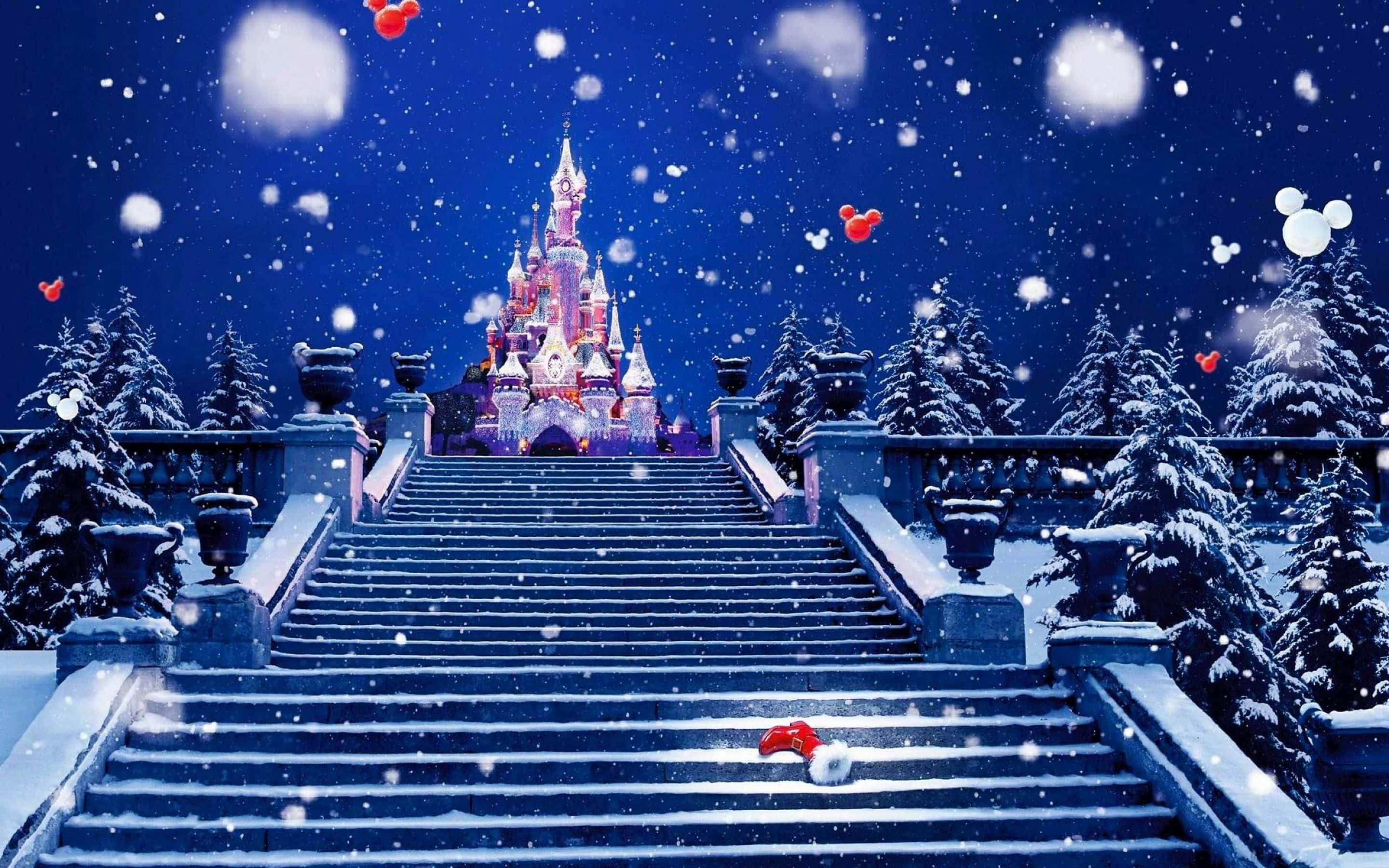 Winter Christmas 桌布 壁紙 — 一條被雪覆蓋的樓梯通向發光的迪士尼城堡，背景是繁星點點的夜空，飄著雪花和米奇老鼠氣球。