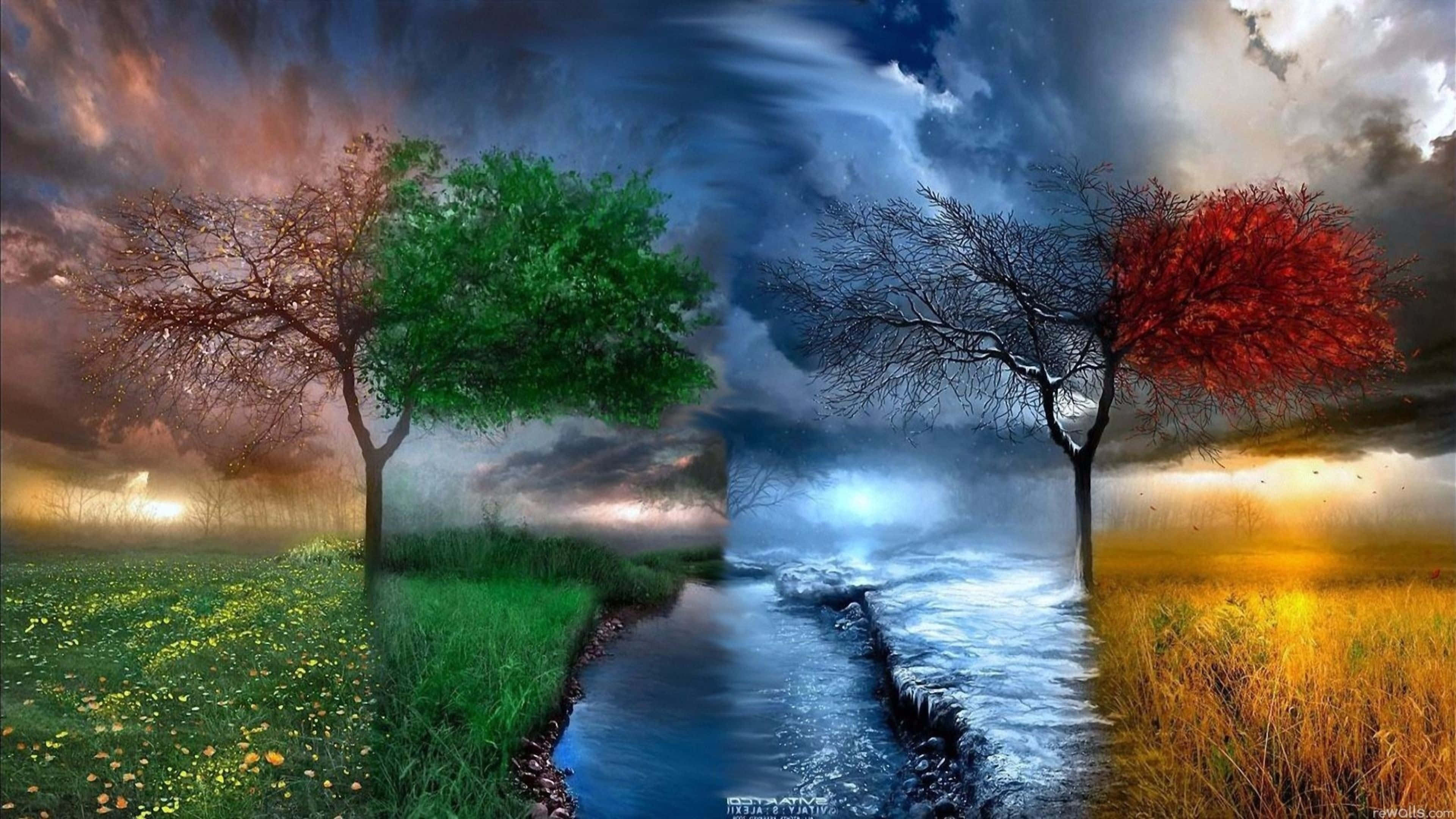 3d Fantasy 桌布 壁紙 — 一條超現實的河流將風景分為四個季節，擁有不同的樹木和天空。