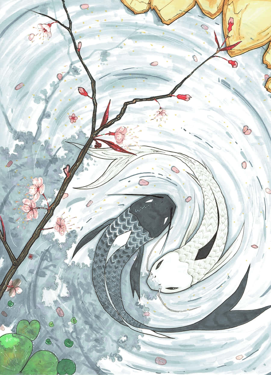 Yin Yang Fish 桌布 壁紙 — 一條錦鯉在旋轉的水中優雅地盤旋，下方是盛開的櫻花枝條，花瓣飄浮。