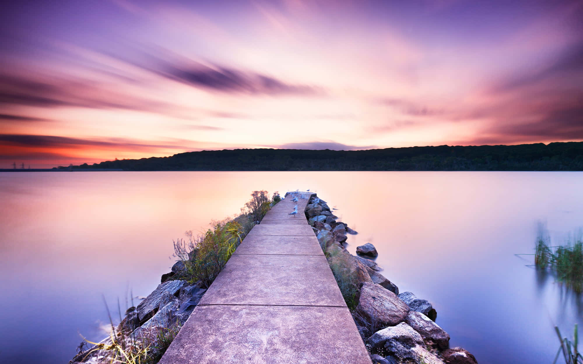 Sunset Landscape 桌布 壁紙 — 一條長長的混凝土碼頭延伸到平靜的湖面上，天空呈現出充滿活力的紫色和橙色日落。