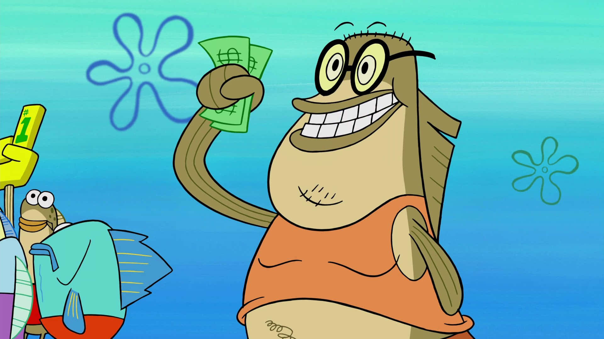 Bubble Bass 桌布 壁紙 — 一條開心嘅卡通魚，著住橙色背心，喺水底自豪咁舉起綠色銀紙，附近有個微笑嘅朋友。