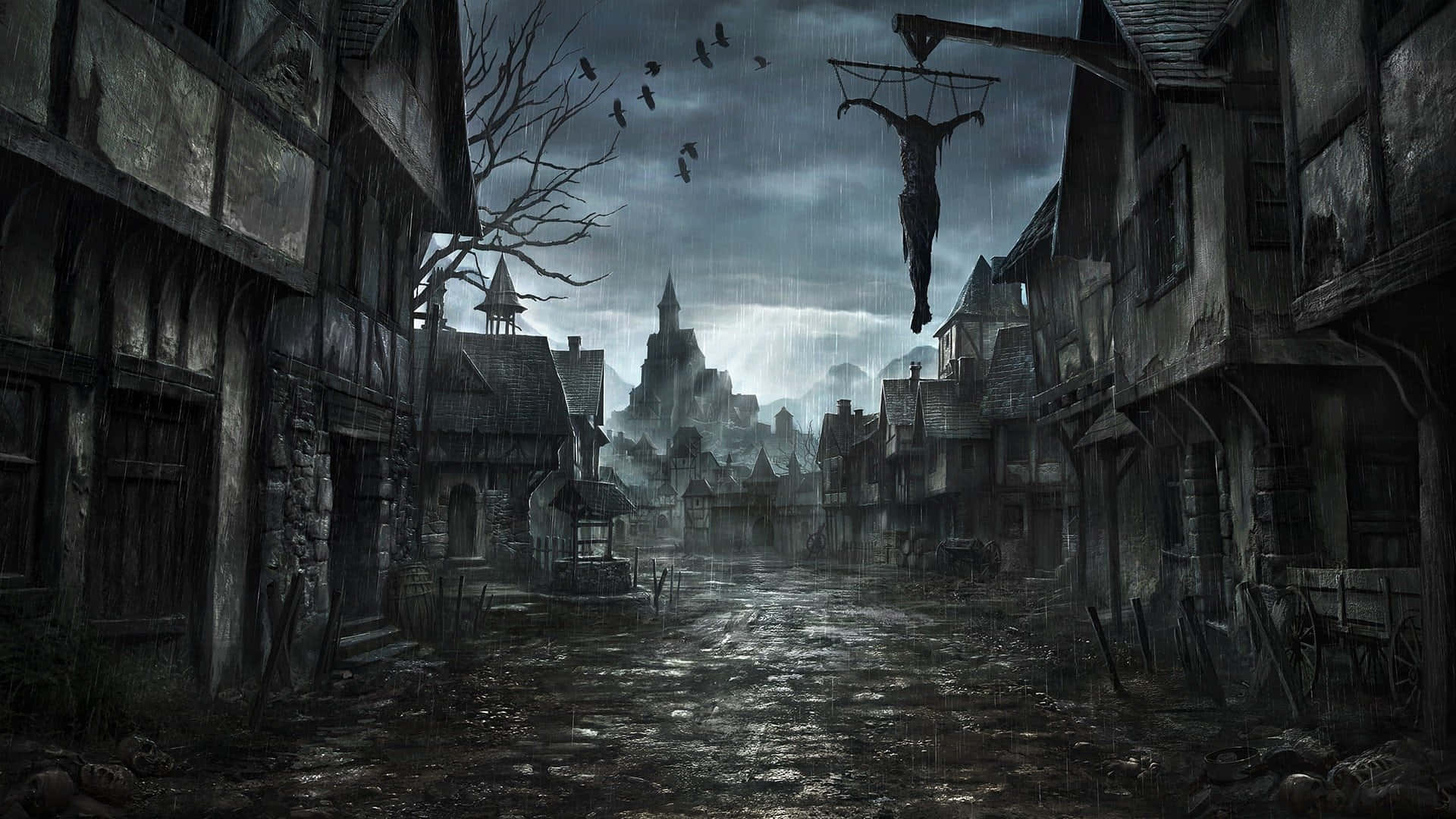 Dark Digital Art 桌布 壁紙 — 一條陰沉的中世紀村莊街道，暴風雨的天空下，掛著一具屍體，烏鴉在頭頂飛翔。