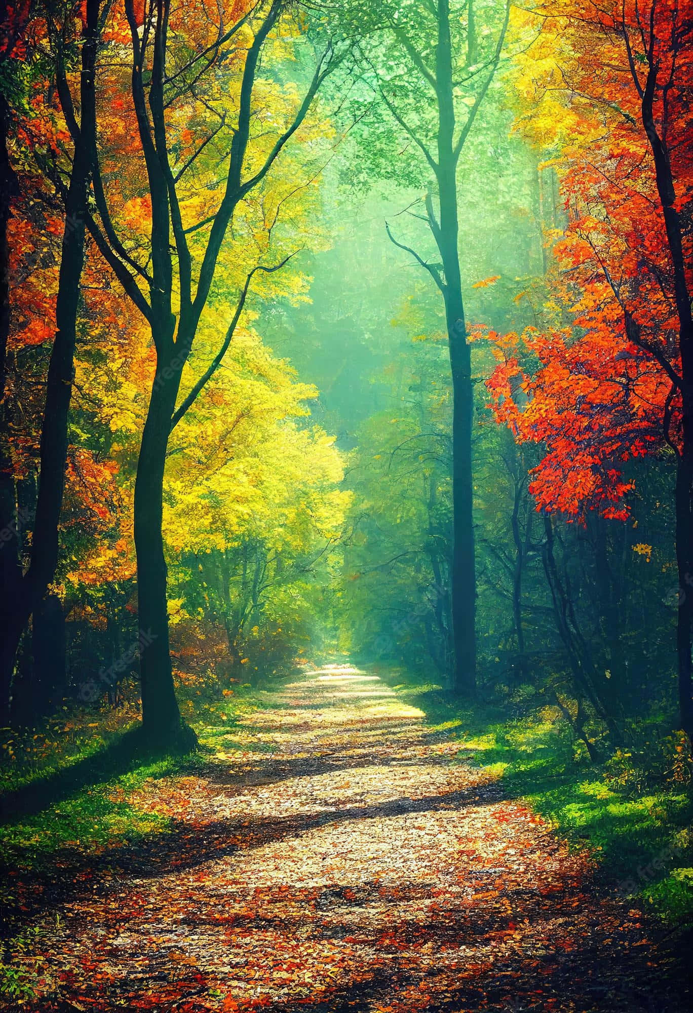 Autumn Trails 桌布 壁紙 — 一條陽光明媚的森林小徑蜿蜒穿過充滿活力的秋樹，樹上掛著金黃色的橙葉，斑駁的光線穿過樹冠。