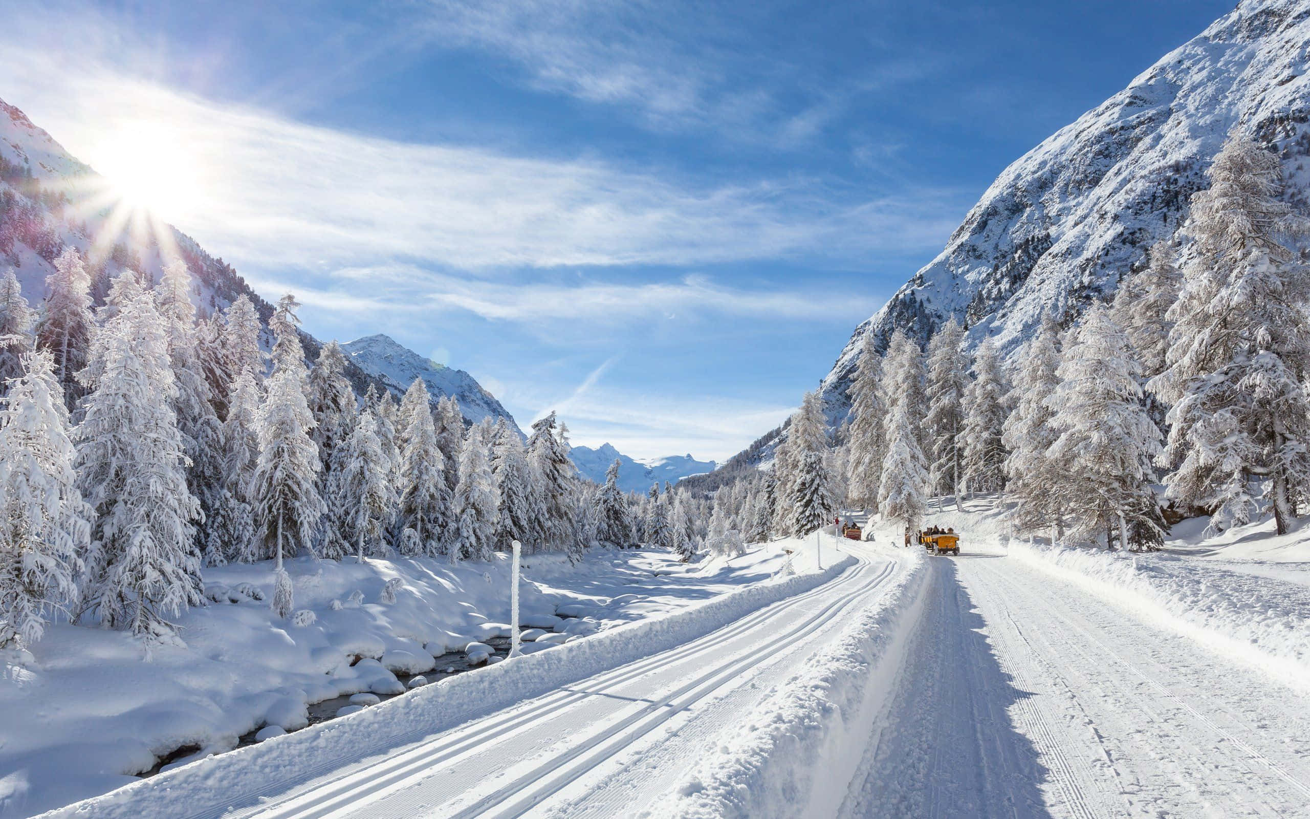 寧靜冰路，四周白雪覆蓋的樹木 壁紙 — 一條陽光明媚的積雪山路蜿蜒穿過白雪覆蓋的松林，天空湛藍，雲朵輕柔。