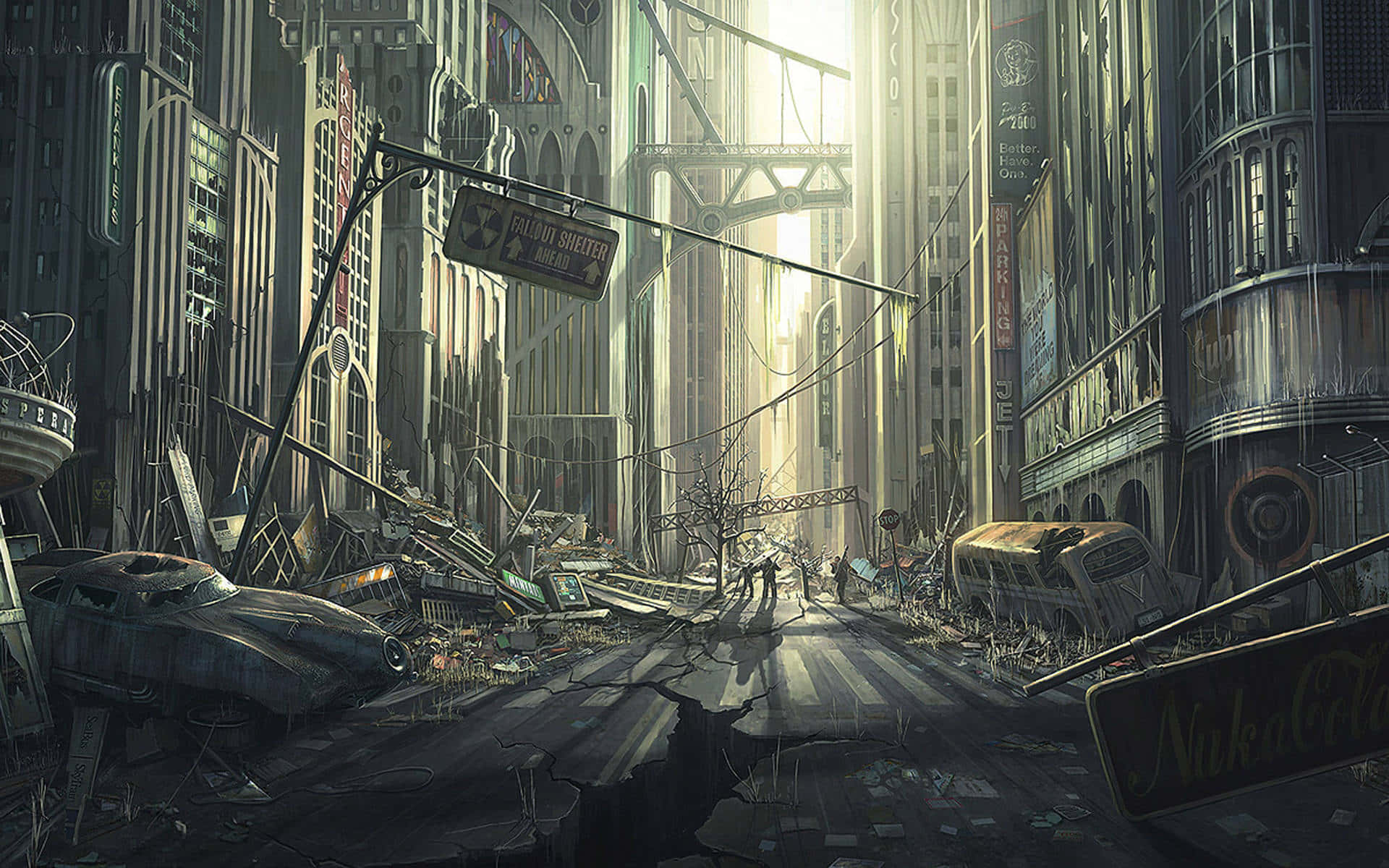Fallout 4 Wasteland 桌布 壁紙 — 一條陽光普照、廢棄的未來城市街道，有破爛的汽車、雜草叢生，以及高聳腐朽的摩天大樓。