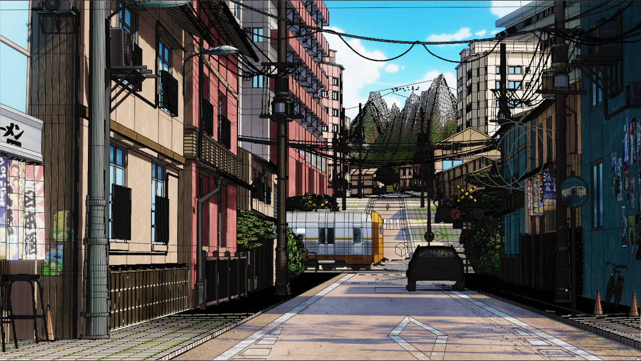 東京 桌布 壁紙 — 一條陽光普照的動漫風格小巷，位於密集的市區，頭頂是高聳的建築物，遠處有火車駛過。