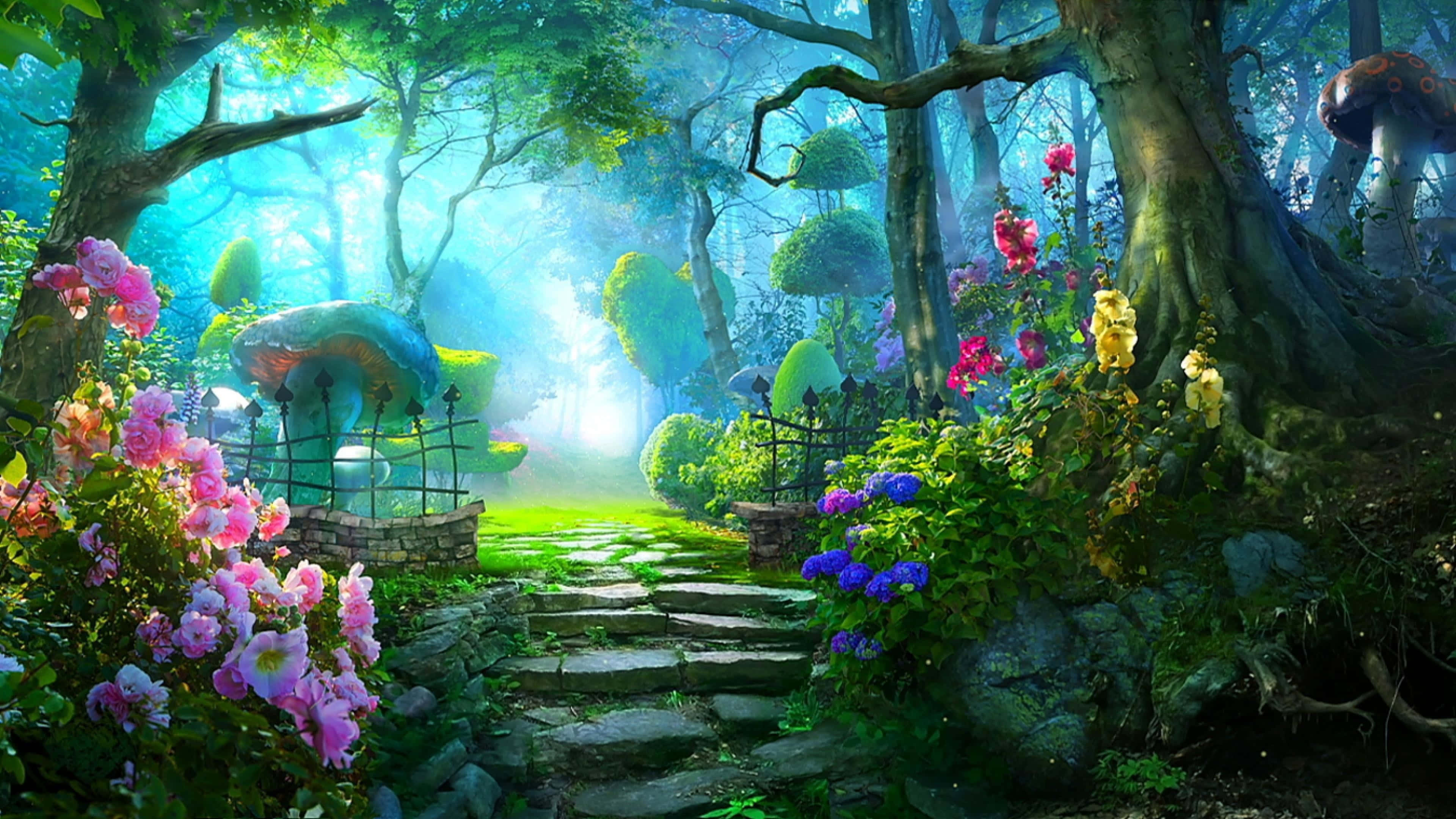 Enchanted Garden 桌布 壁紙 — 一條陽光普照的石徑蜿蜒穿過茂密的魔法森林，斑駁的光影下，鮮豔的花朵閃閃發光。