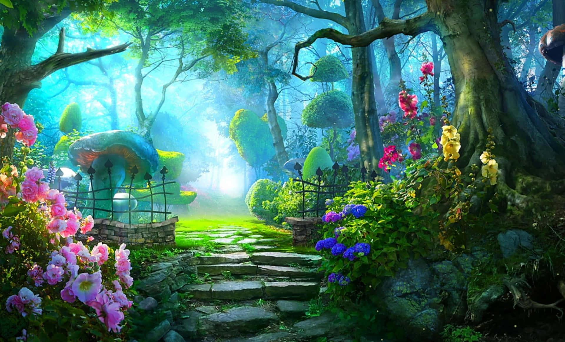Magical Forest 桌布 壁紙 — 一條陽光普照的石徑蜿蜒穿過茂密的魔法森林，沿途有鮮豔的花朵和發光的薄霧。