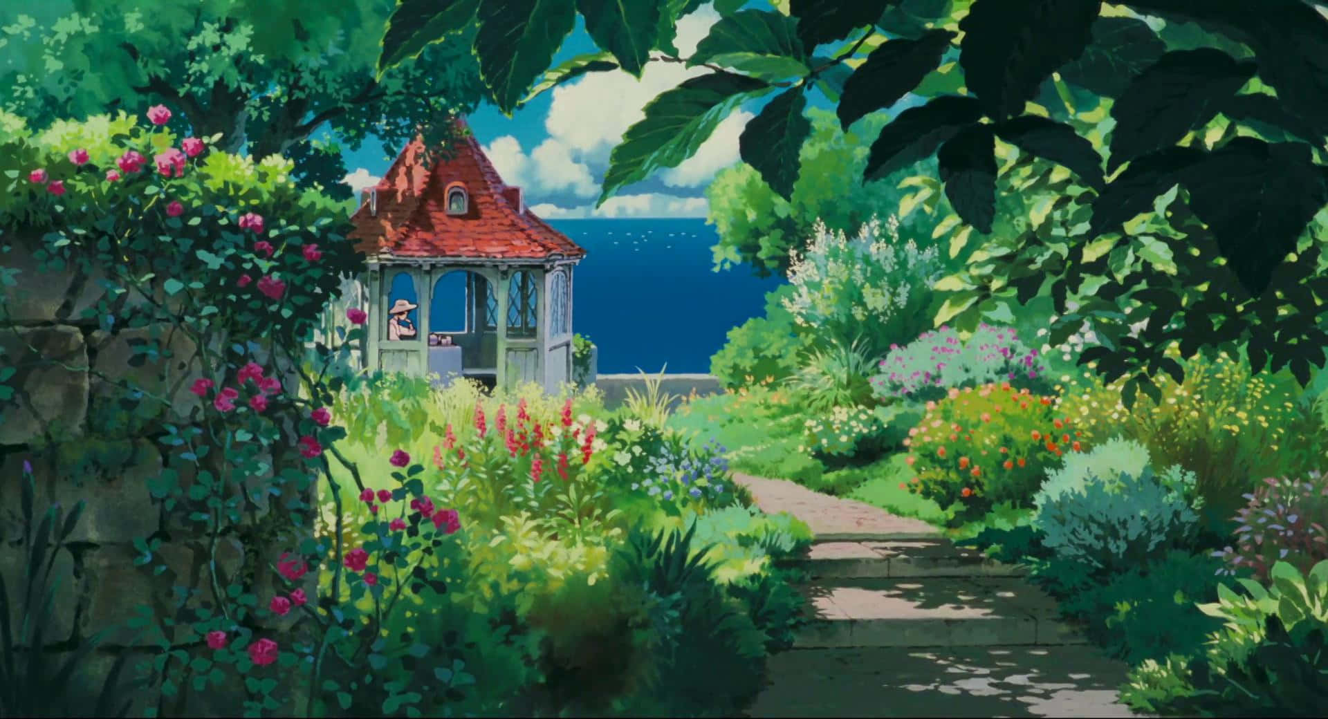 Hayao Miyazaki Movies 桌布 壁紙 — 一條陽光普照的花園小徑通往一個紅頂涼亭，俯瞰海洋，四周環繞著茂密的綠植和盛開的花朵。