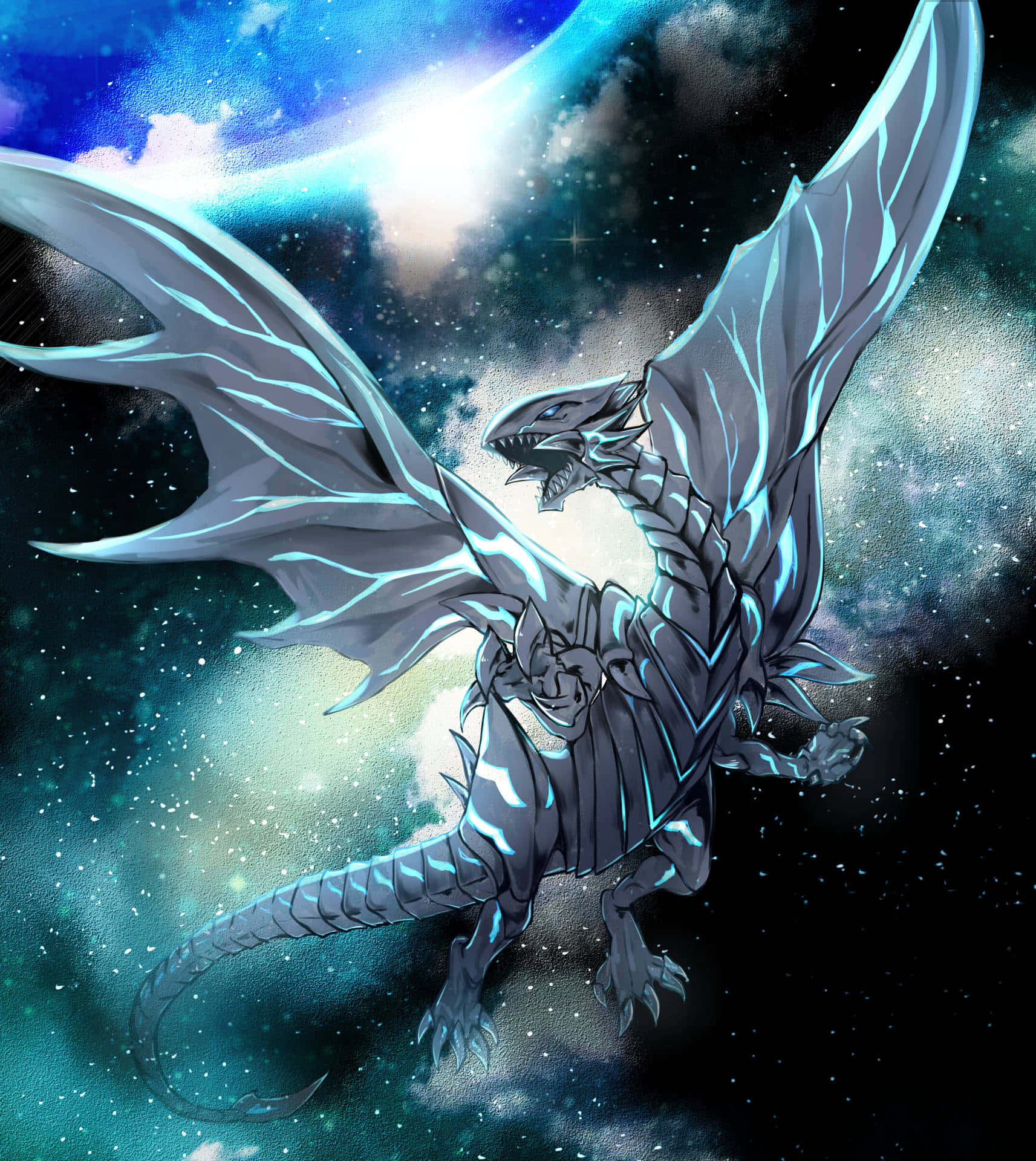 Yugioh Dragons 桌布 壁紙 — 一條雄偉的銀色巨龍，帶有發光的藍色脈絡，翱翔於充滿恆星和旋轉氣體的 vibrant 宇宙星雲中。