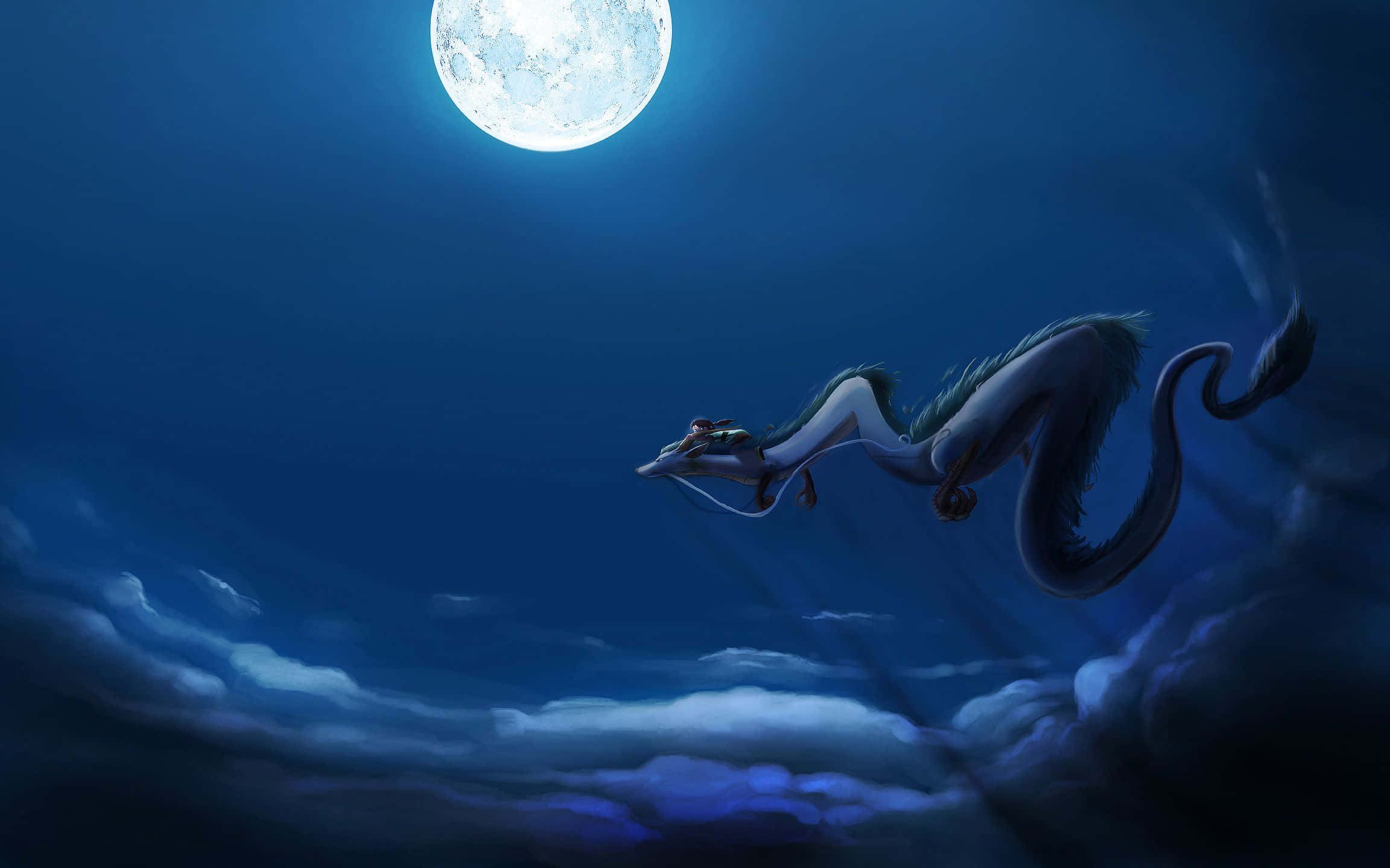 Hayao Miyazaki Movies 桌布 壁紙 — 一條雄偉的龍在月光照耀的夜空中，優雅地翱翔於翻騰的雲層之上。