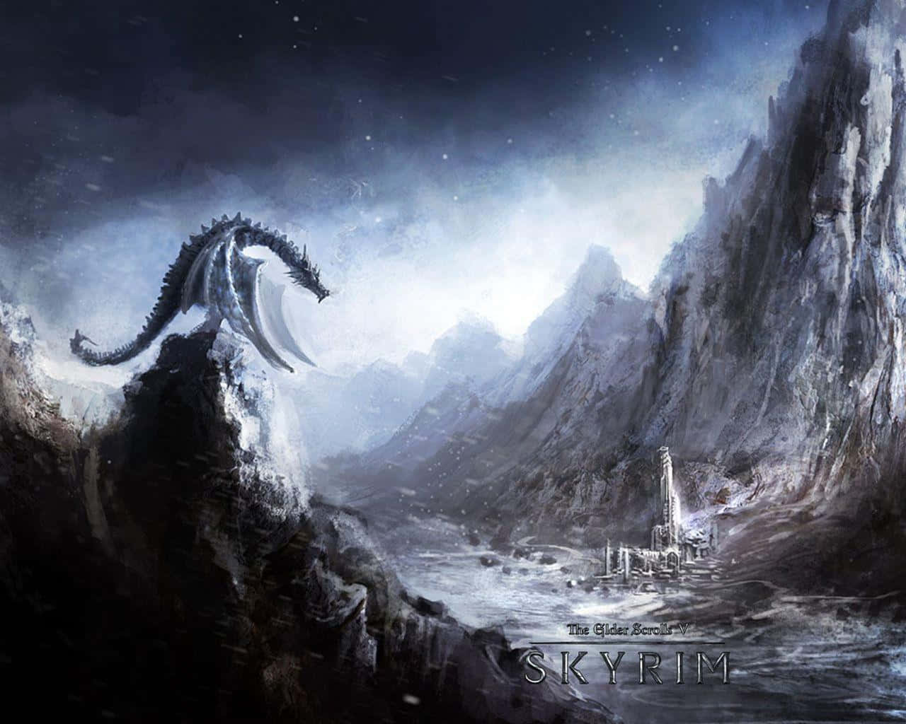 The Elder Scrolls V Skyrim 桌布 壁紙 — 一條雄偉的龍棲息在白雪皚皚的山頂上，俯瞰著一個冰凍的山谷，遠處有一座廢墟，在星空下。