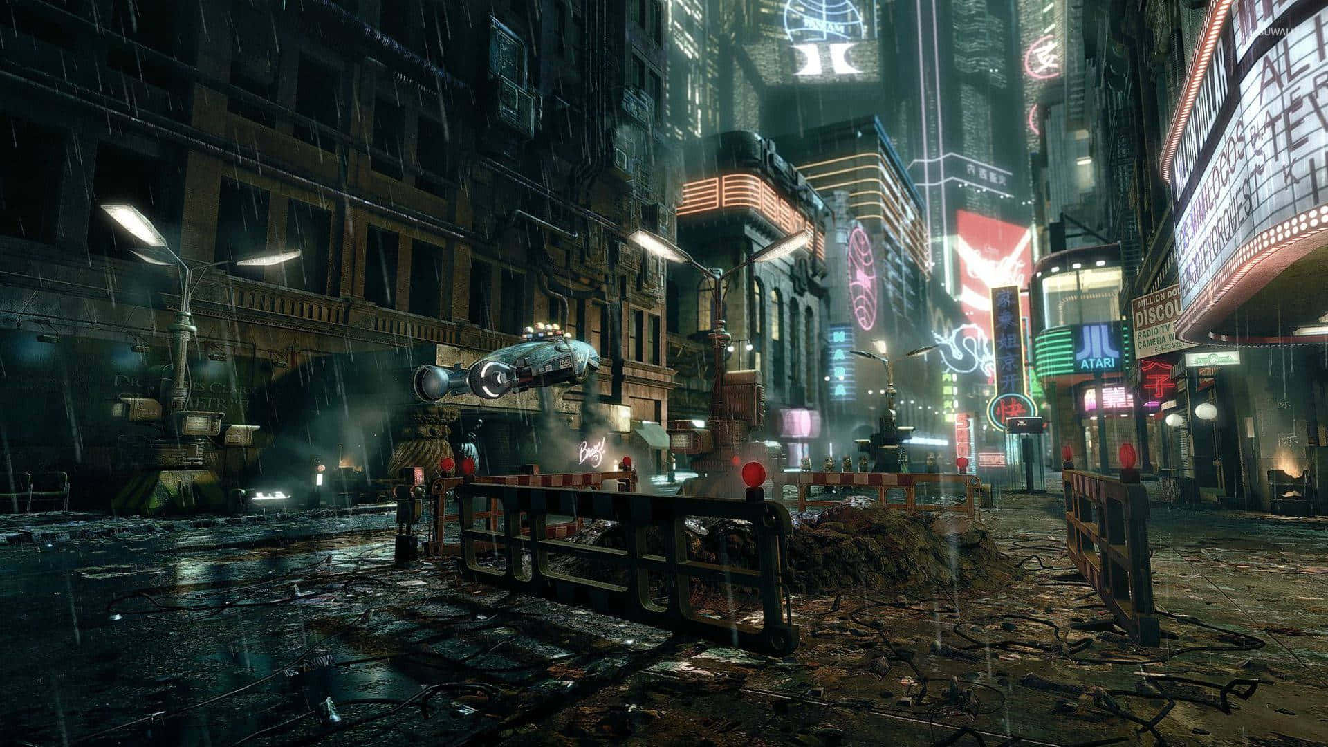 Dark Dystopian 桌布 壁紙 — 一條雨濕的賽博朋克城市街道，夜晚霓虹燈在高聳的建築物上閃爍，一輛懸浮車輛在碎片上方。
