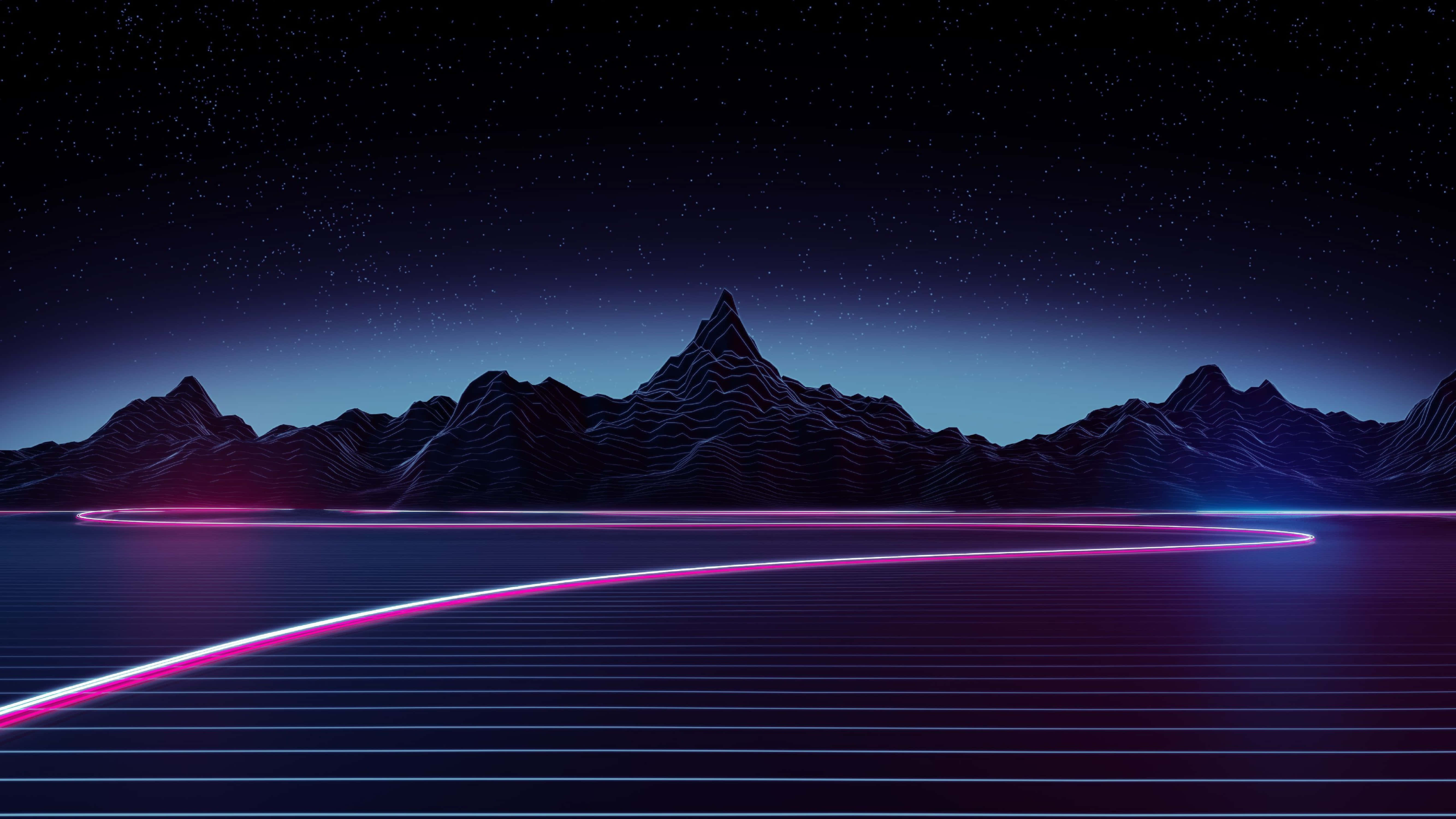 4K Streaming 桌布 壁紙 — 一條霓虹燈照亮的未來高速公路蜿蜒穿過星空夜景，崎嶇的山脈在深紫色天空下。