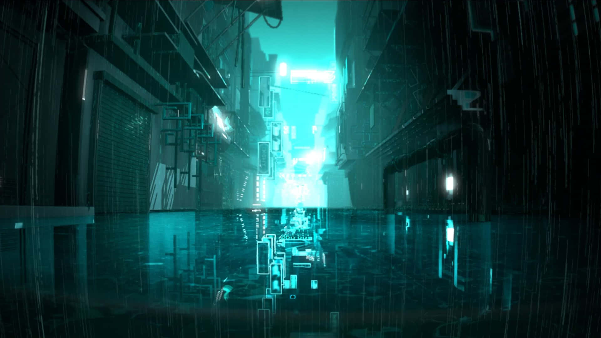 Dark Alleyway 桌布 壁紙 — 一條霓虹燈照亮的賽博朋克小巷在雨中淹水，發光的全息招牌映照在濕漉漉的路面上。