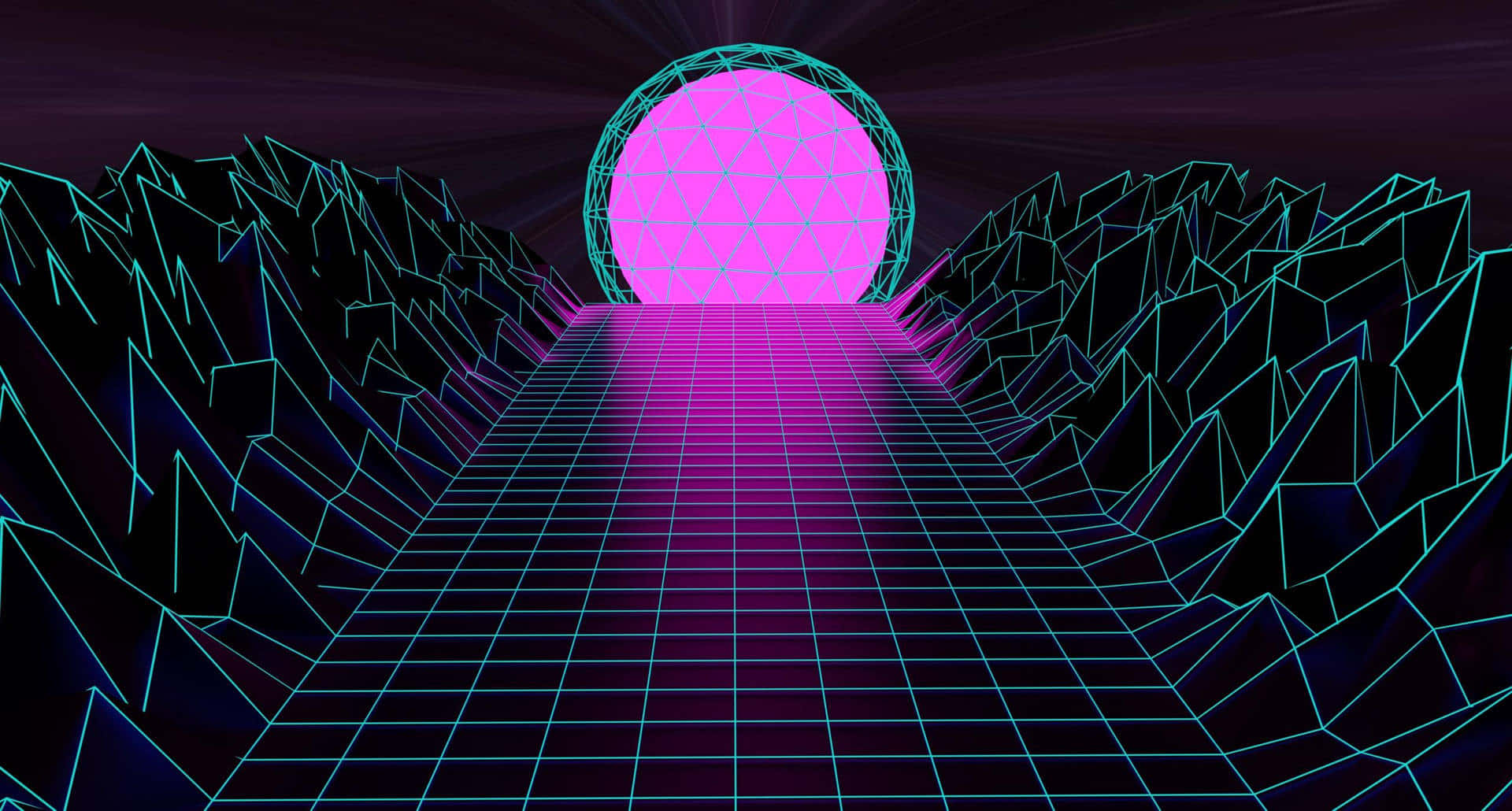 80s Retro 桌布 壁紙 — 一條霓虹網格道路在黑暗的天空下延伸向一個由鋸齒狀數位山脈環繞的發光粉紅色球體。